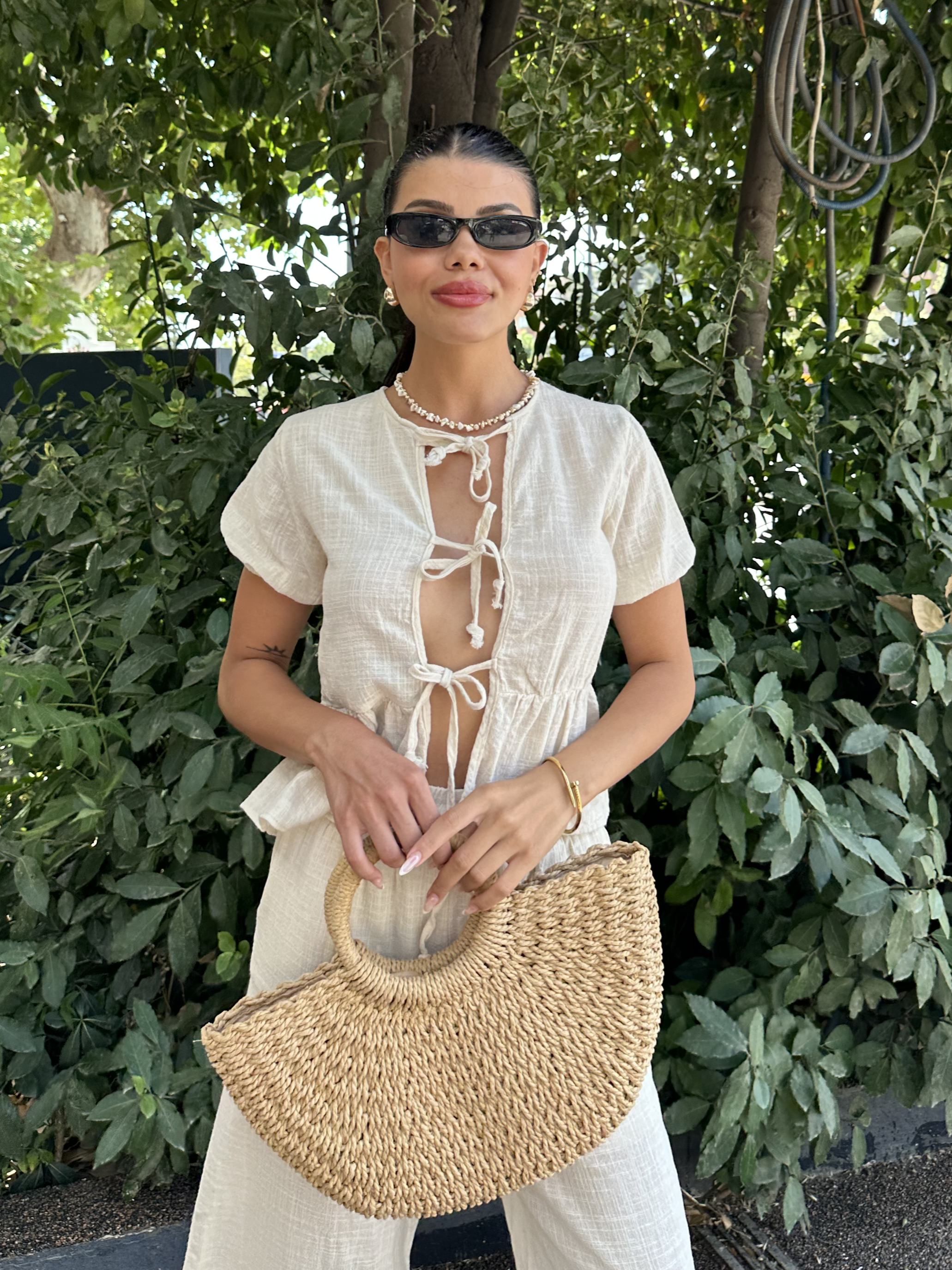 Bağlamalı Keten Bluz Naturel