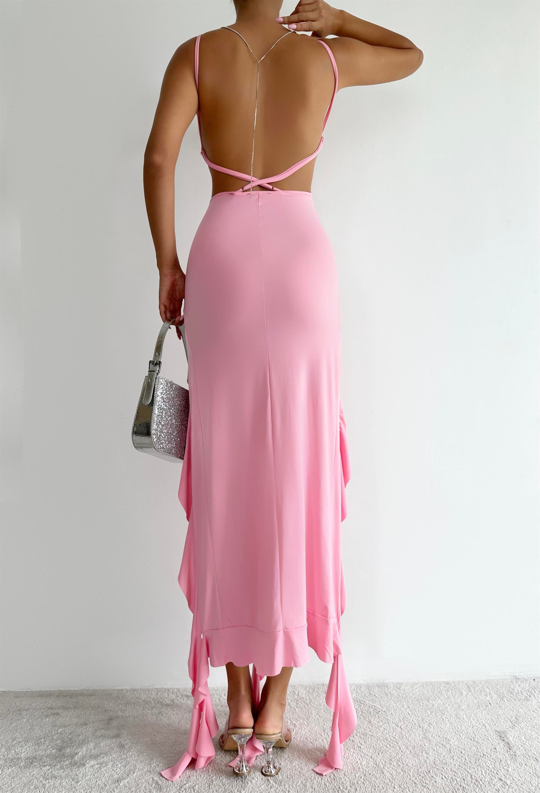 Degaje Volanlı Elbise Pembe