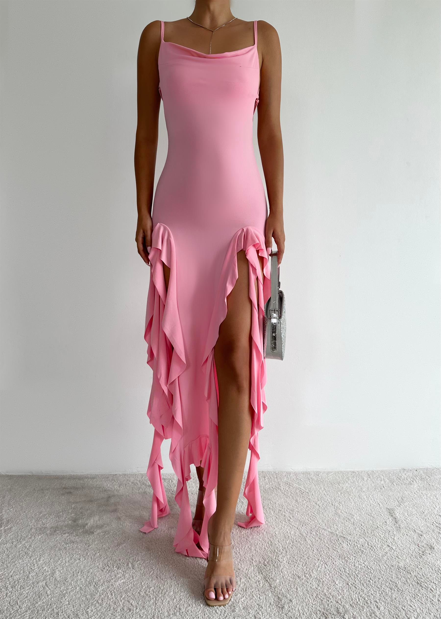 Degaje Volanlı Elbise Pembe