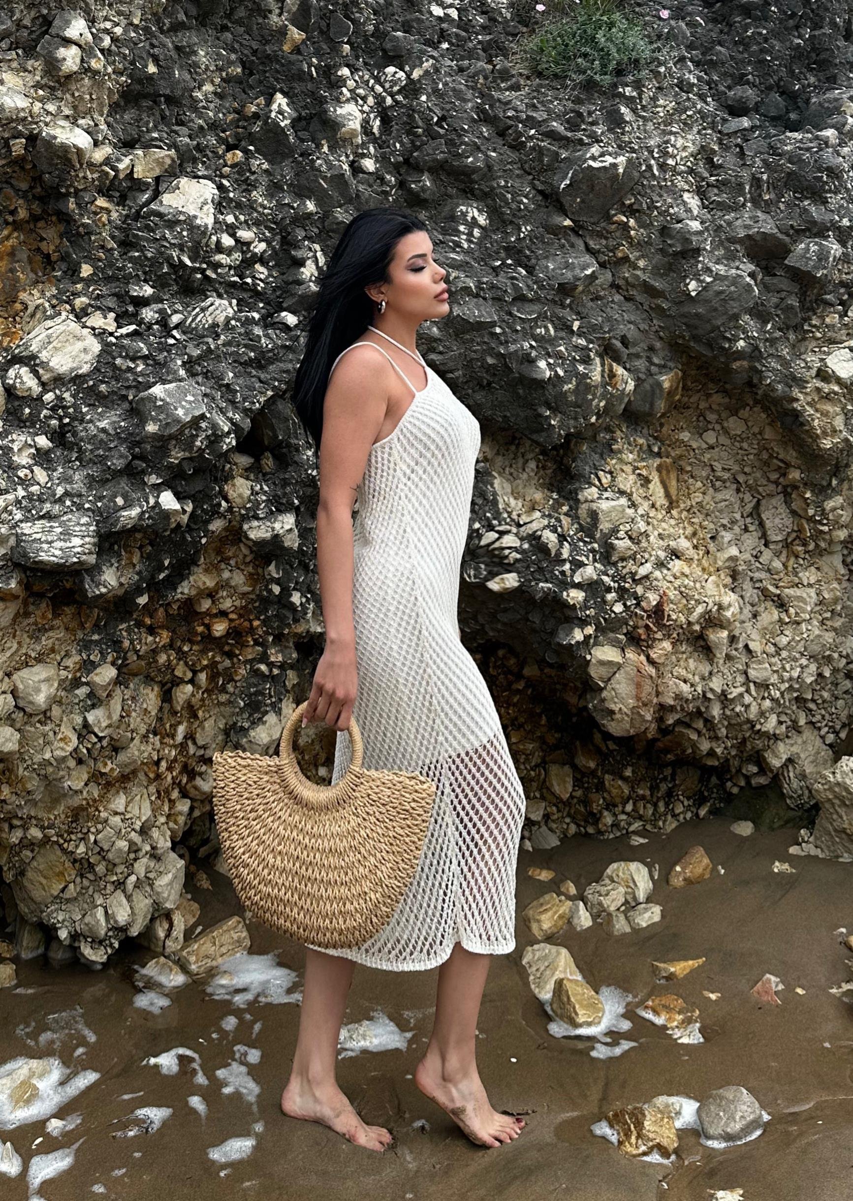 Dlv Askılı Ajurlu Triko Elbise Ekru