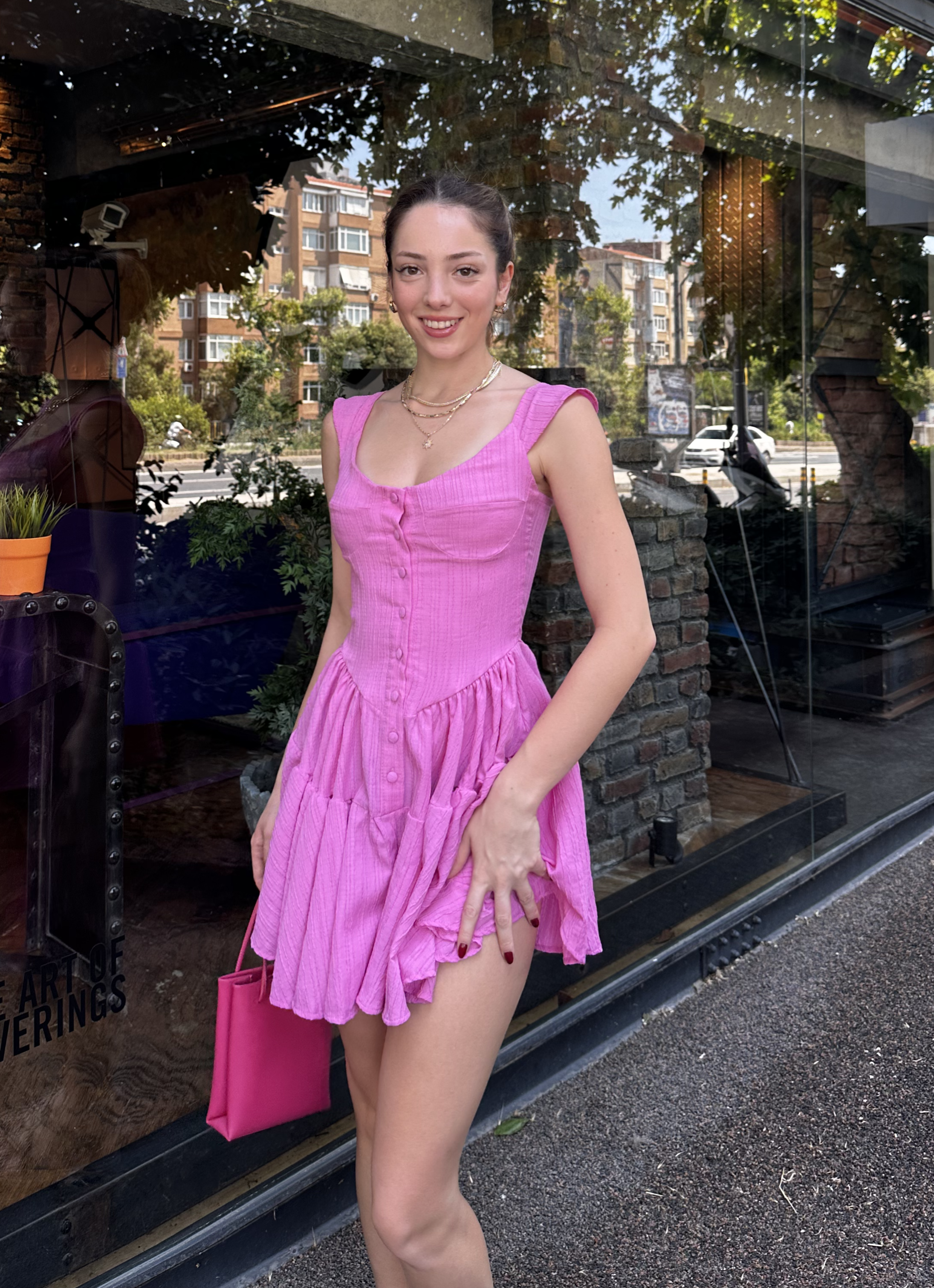 Düğme Detay Keten Şort Tulum Pembe
