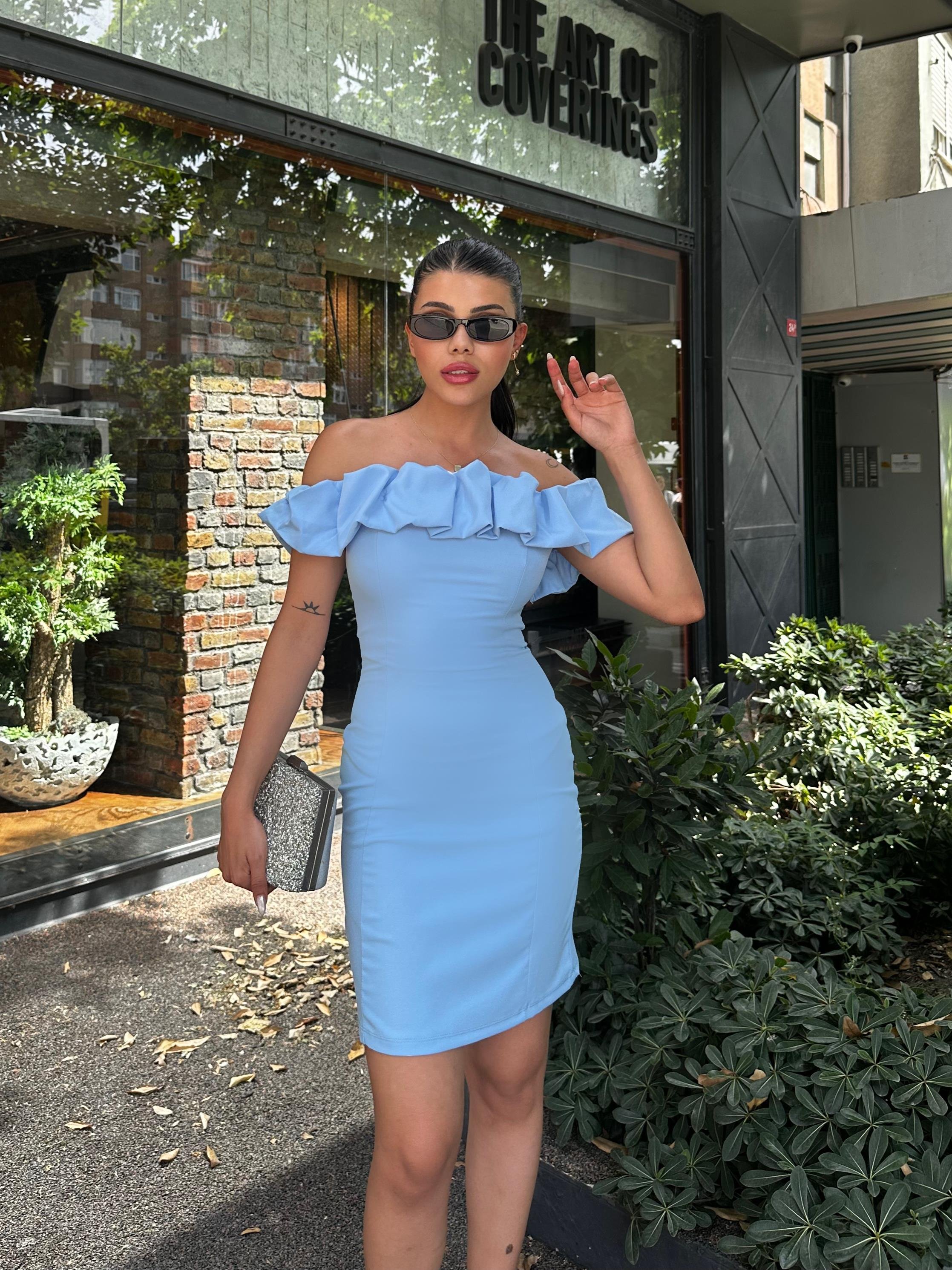 Eva Volanlı Atlas Elbise Bebe Mavi