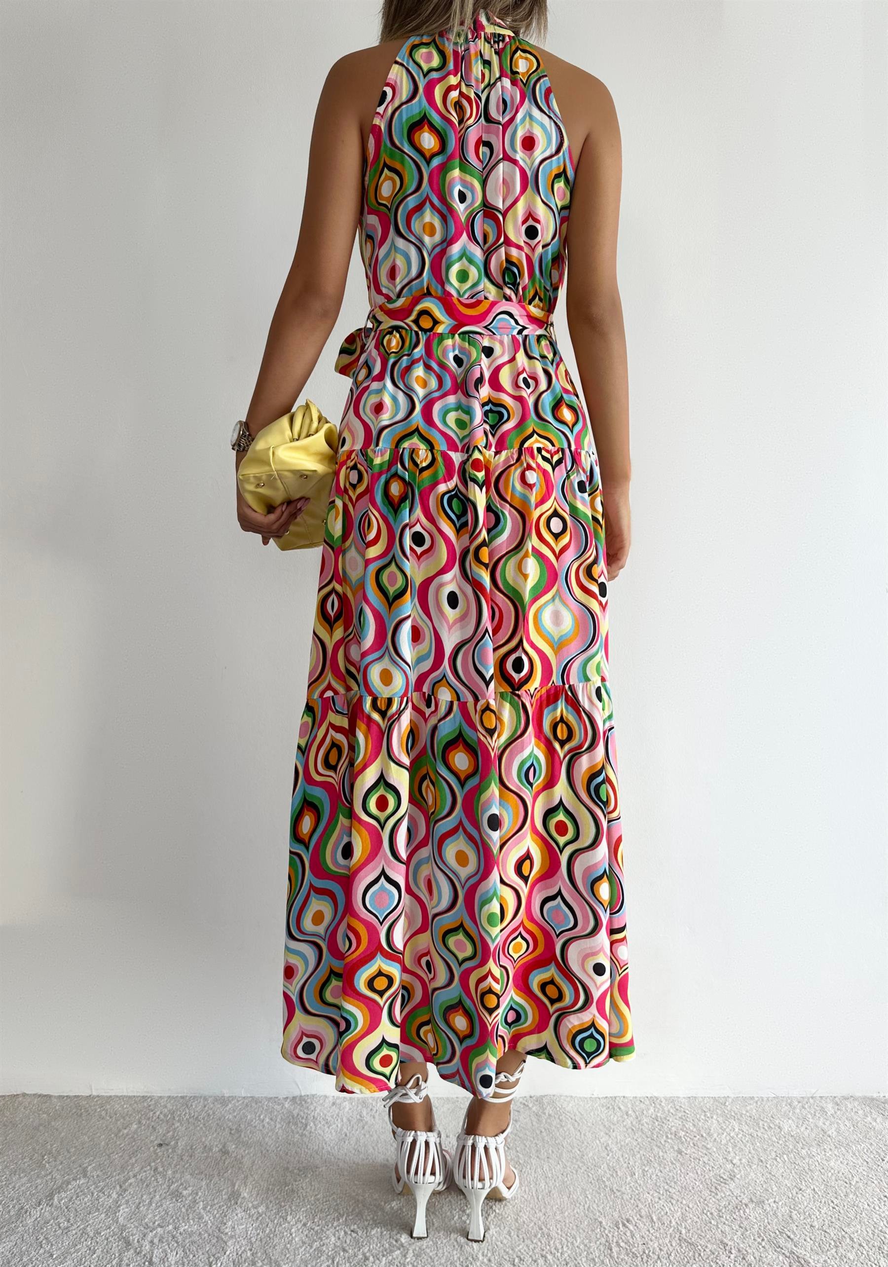Halter Yaka Geometrik Elbise Pembe