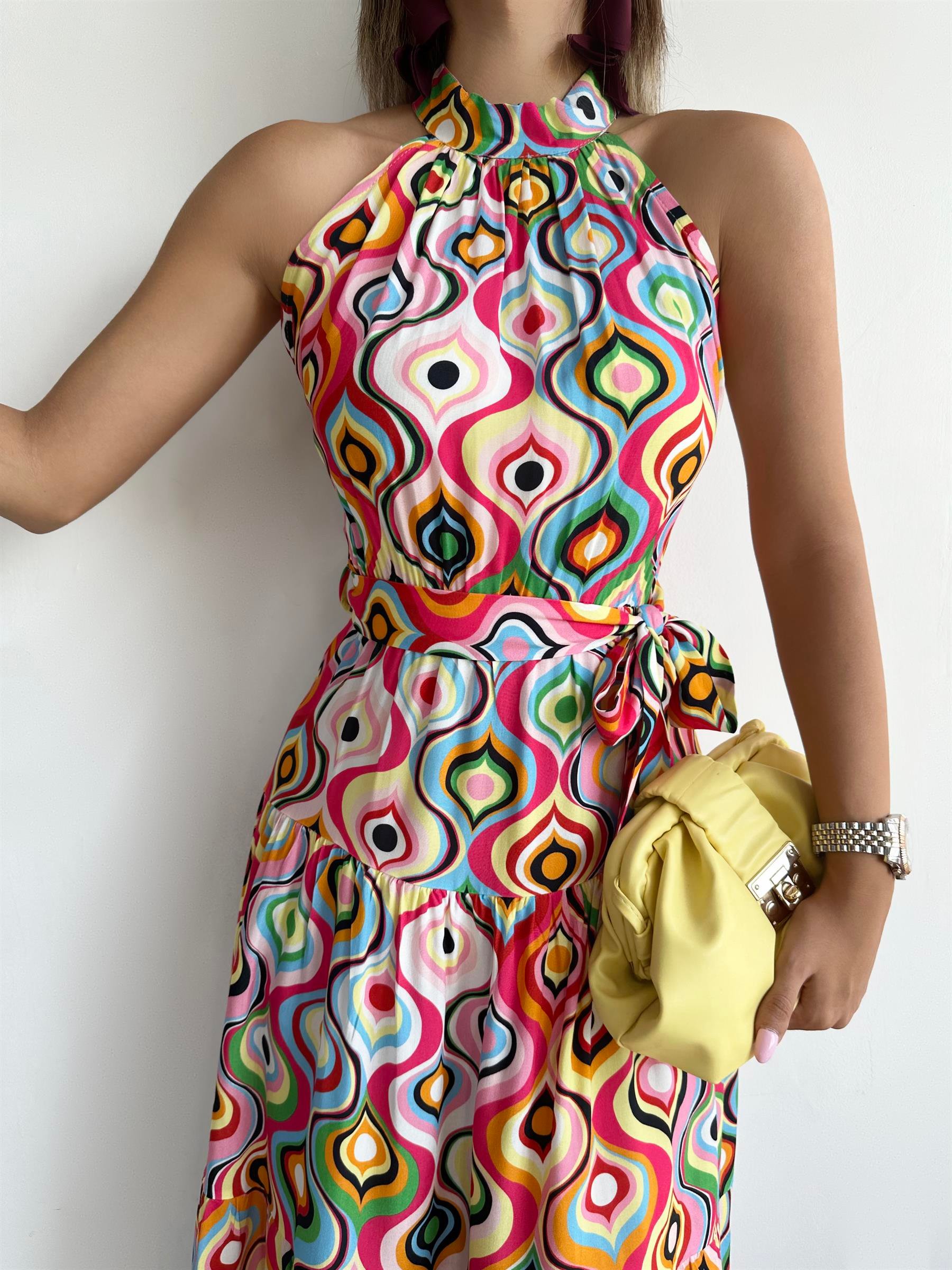 Halter Yaka Geometrik Elbise Pembe