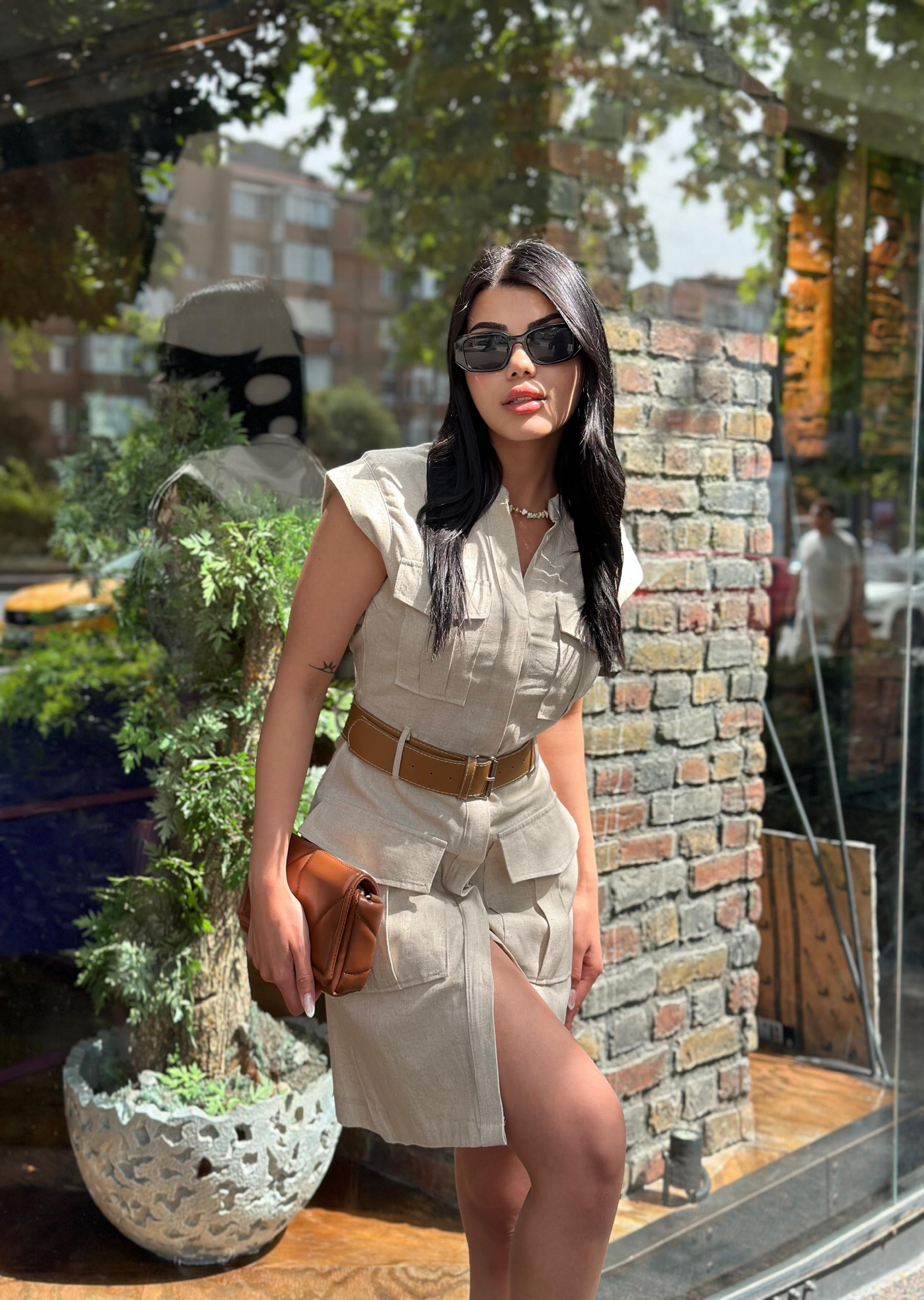 Kemerli Keten Elbise Taş