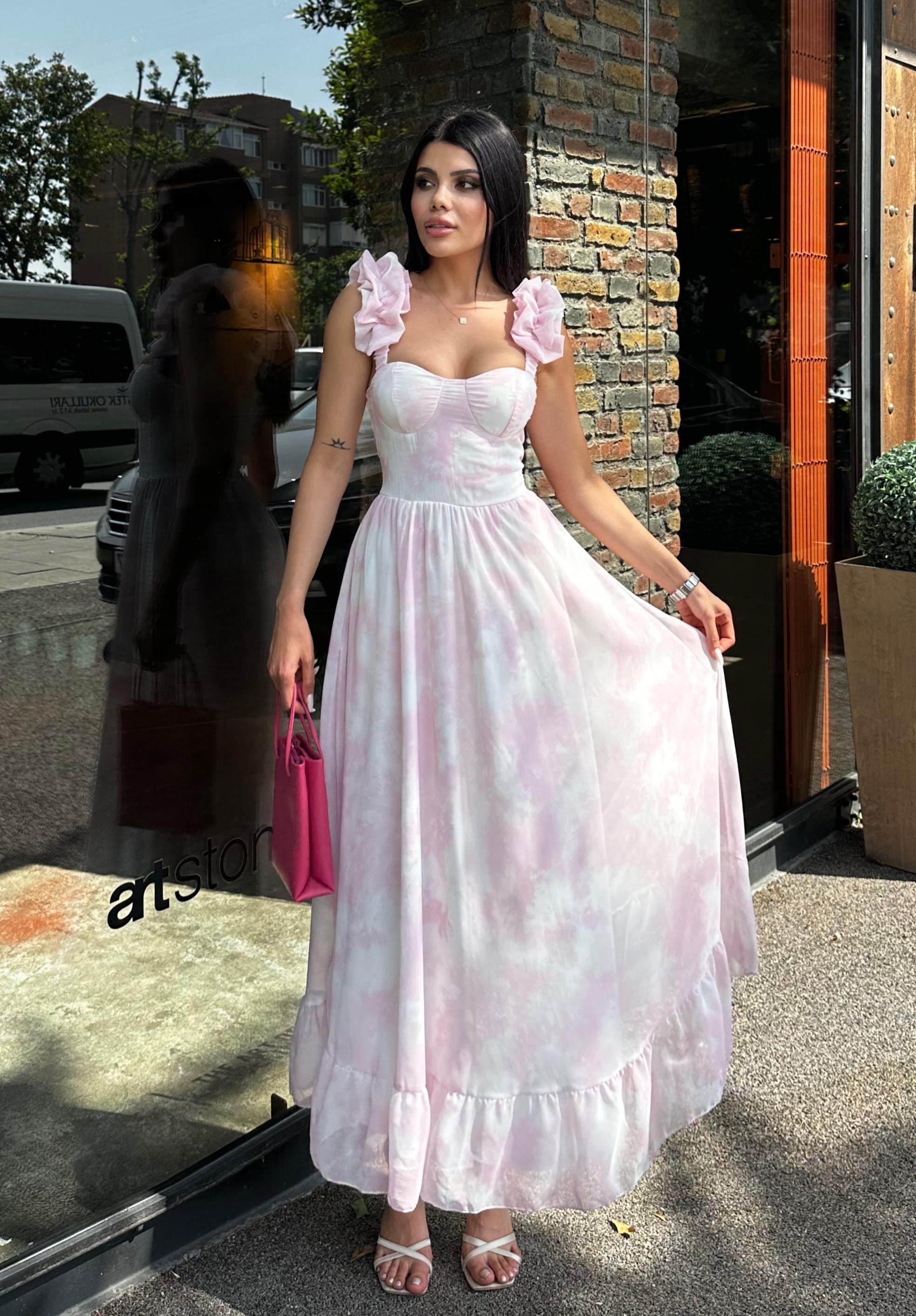 Kol Detay Şifon Elbise Pembe