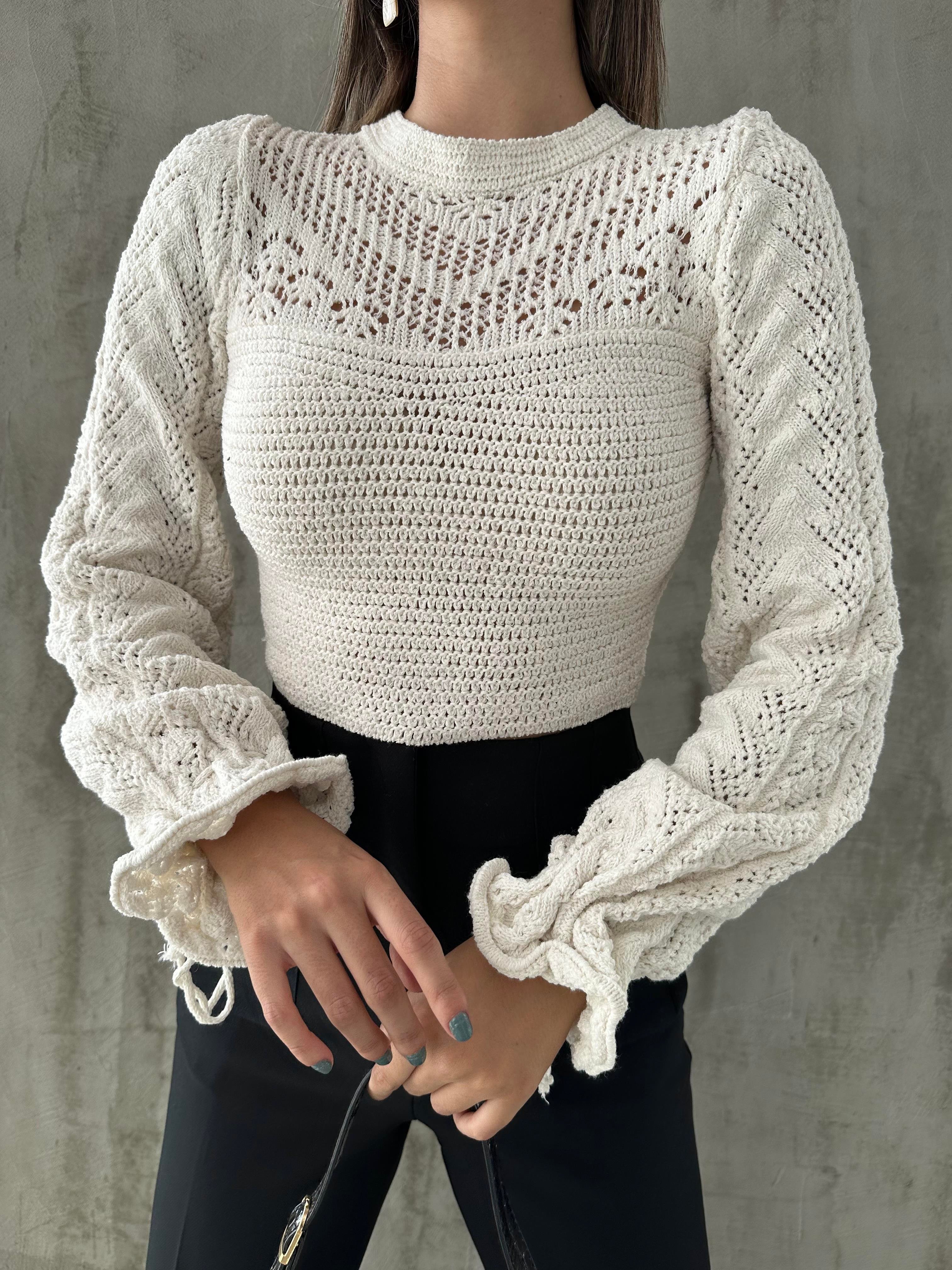 Kolları Bağlamalı Triko Bluz Ekru