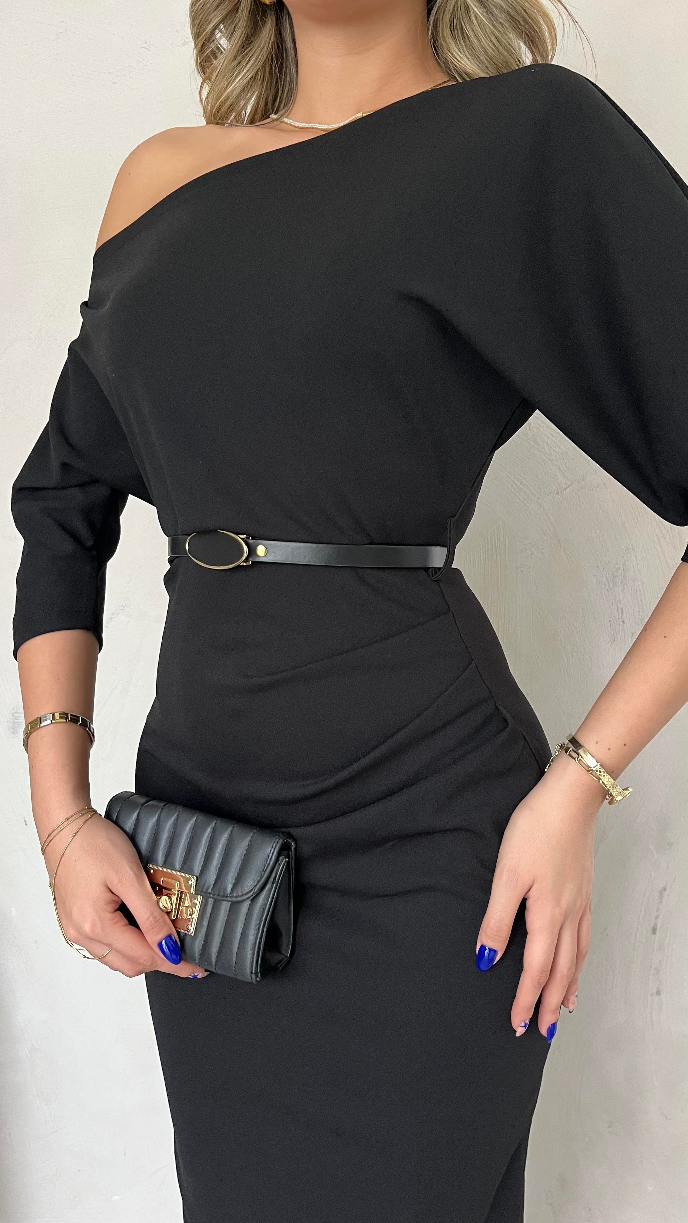 Lina Kemerli Elbise Siyah