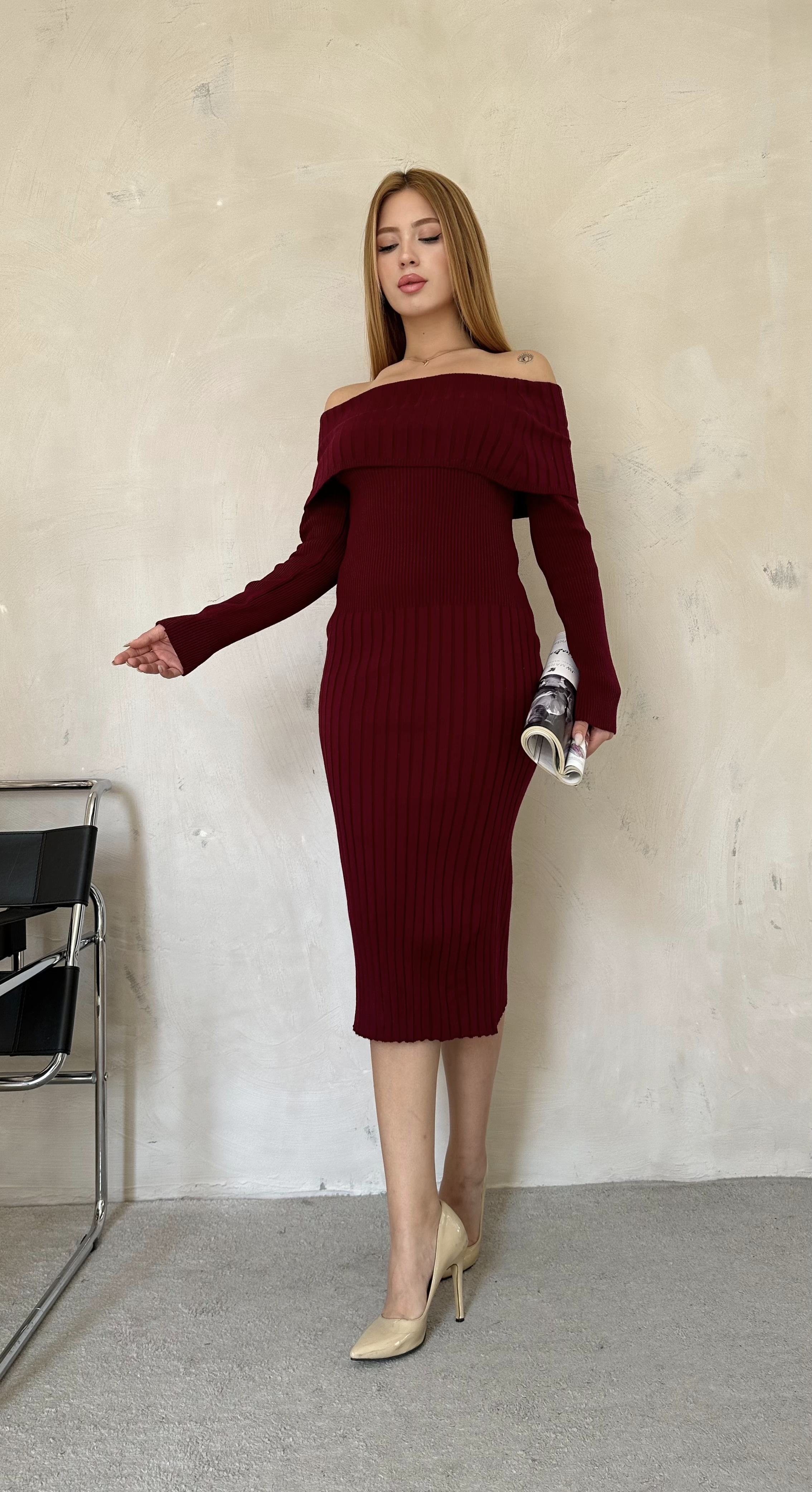 Madonna Yaka Likralı Elbise Bordo 