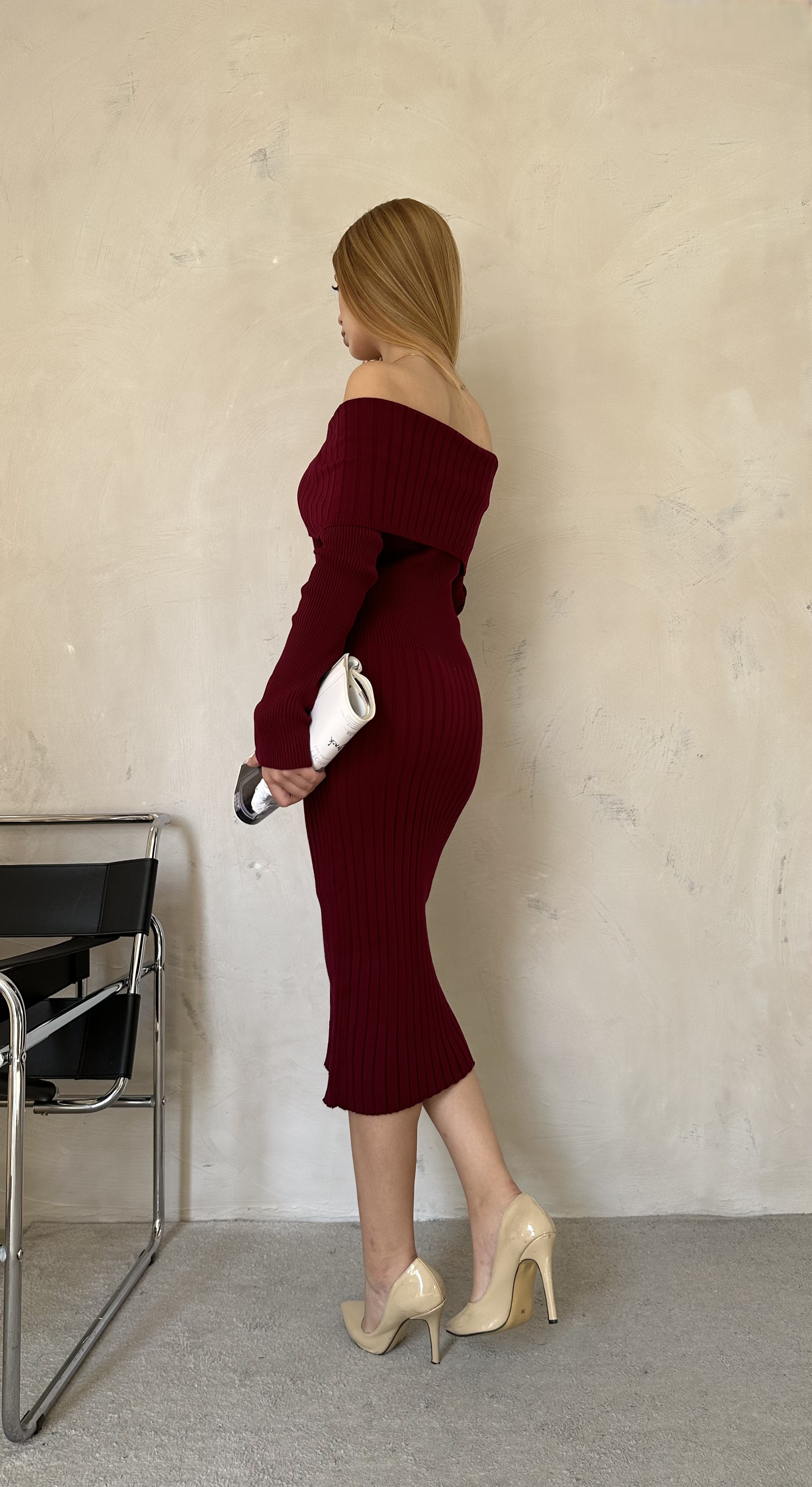 Madonna Yaka Likralı Elbise Bordo 