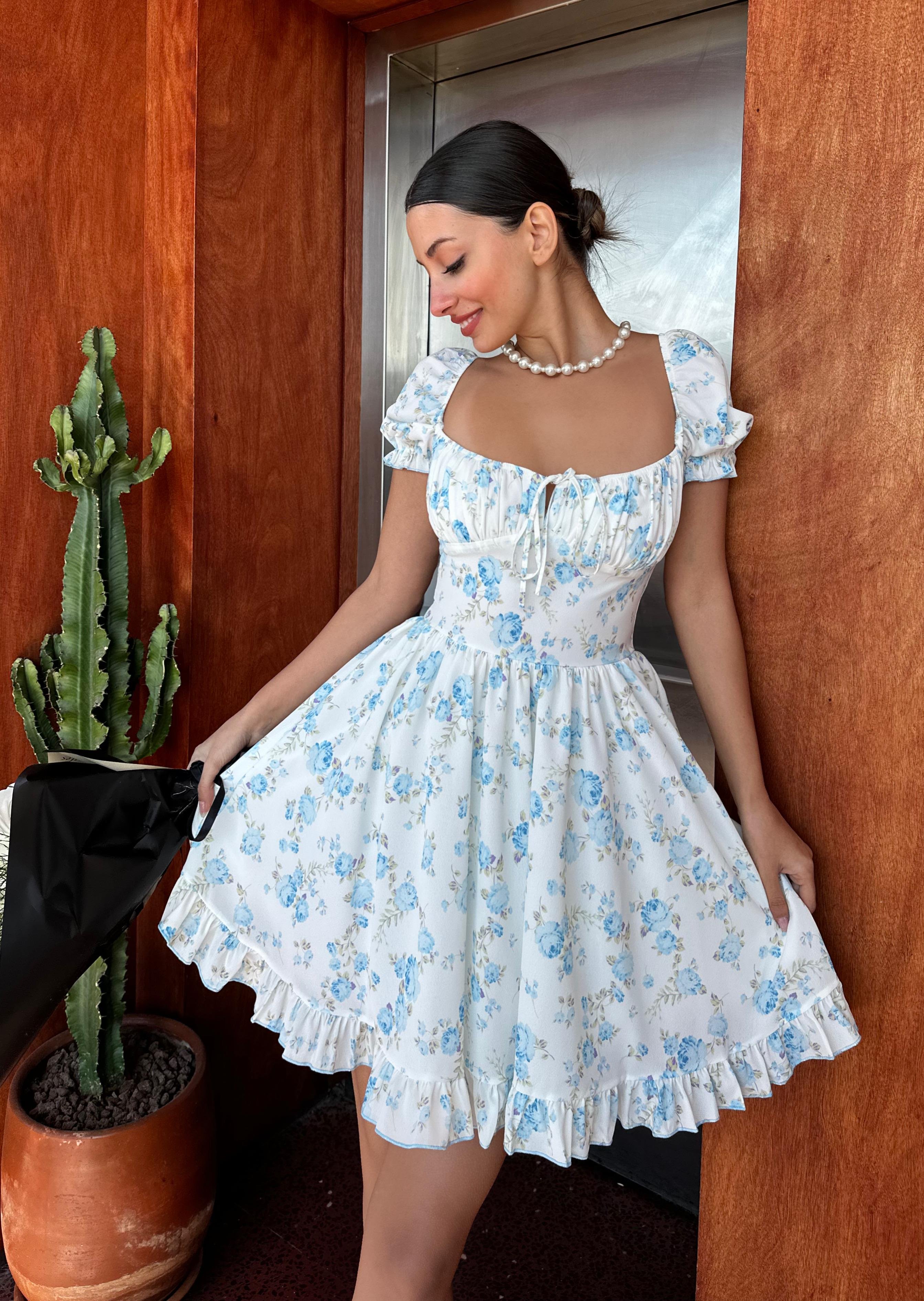 Mini Çiçekli Elbise Mavi