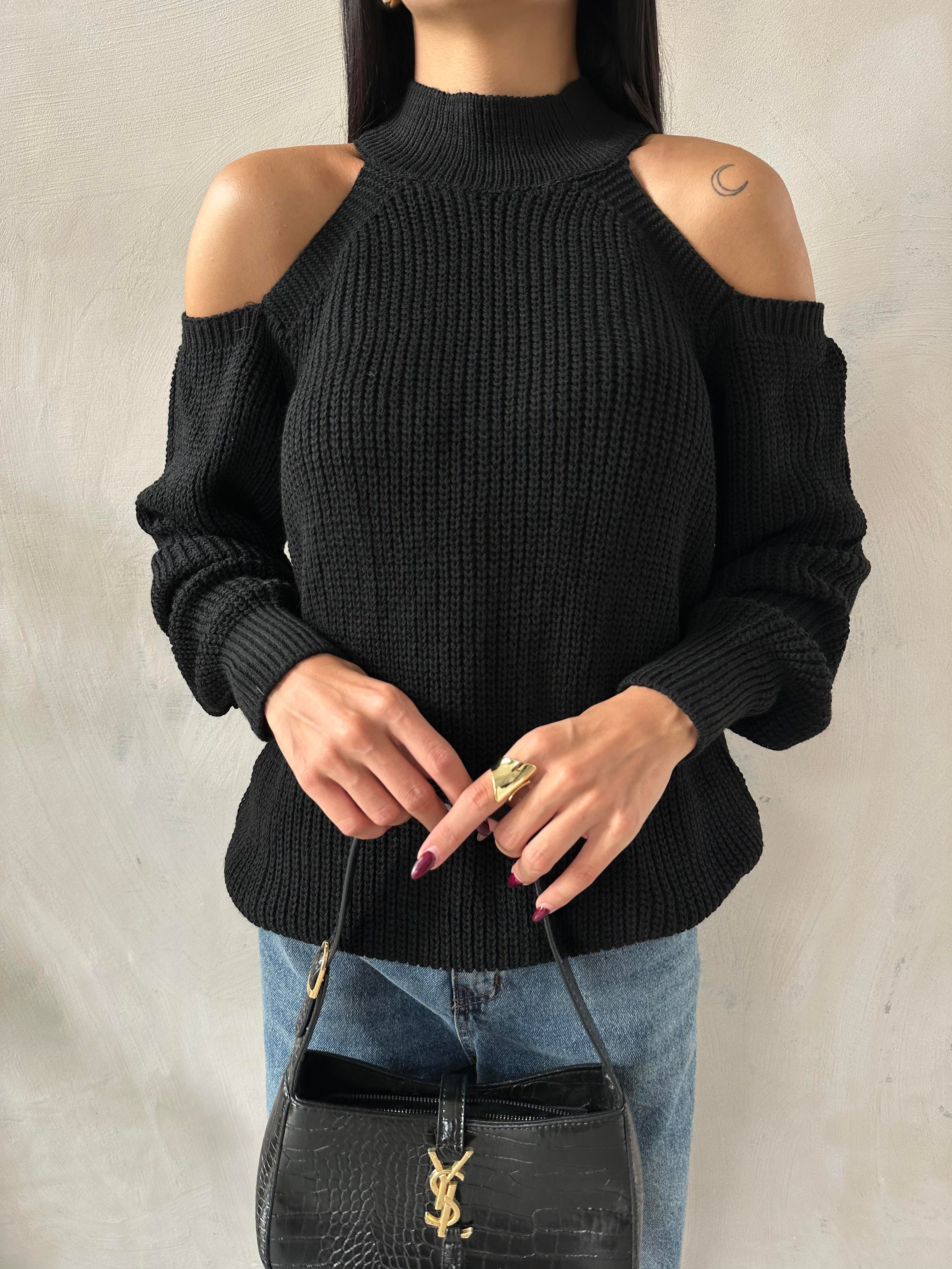 Omuzu Açık Triko Kazak Siyah