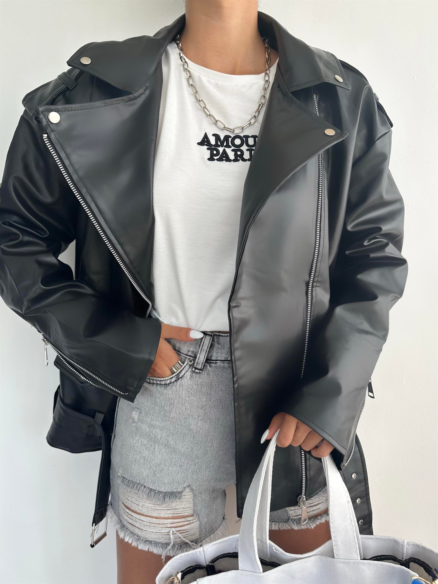 Oversize Biker Deri Mont Siyah