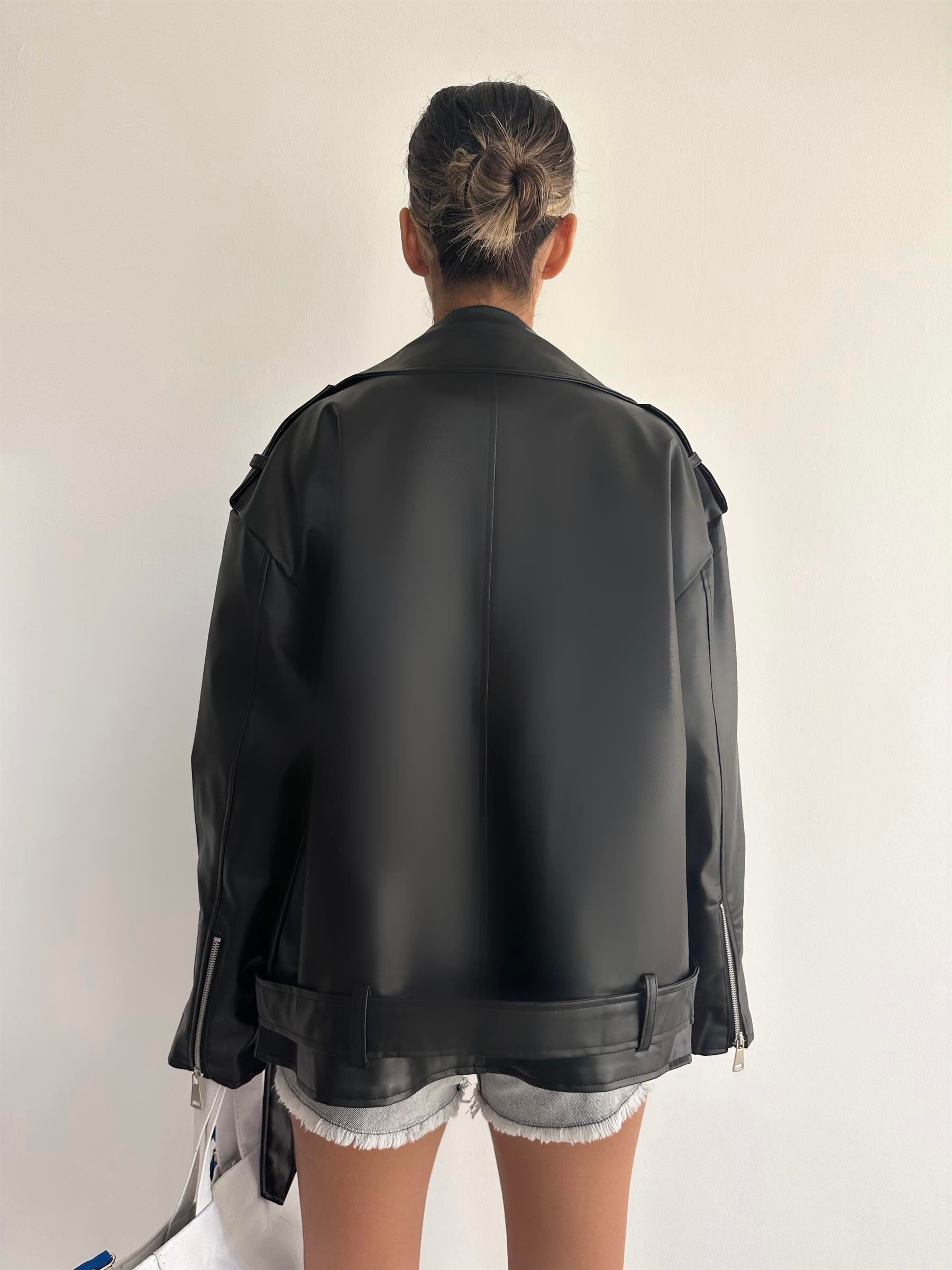 Oversize Biker Deri Mont Siyah