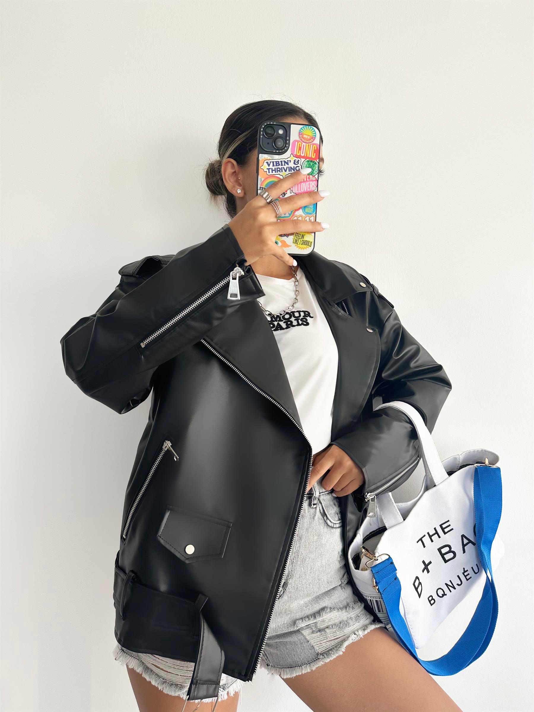 Oversize Biker Deri Mont Siyah
