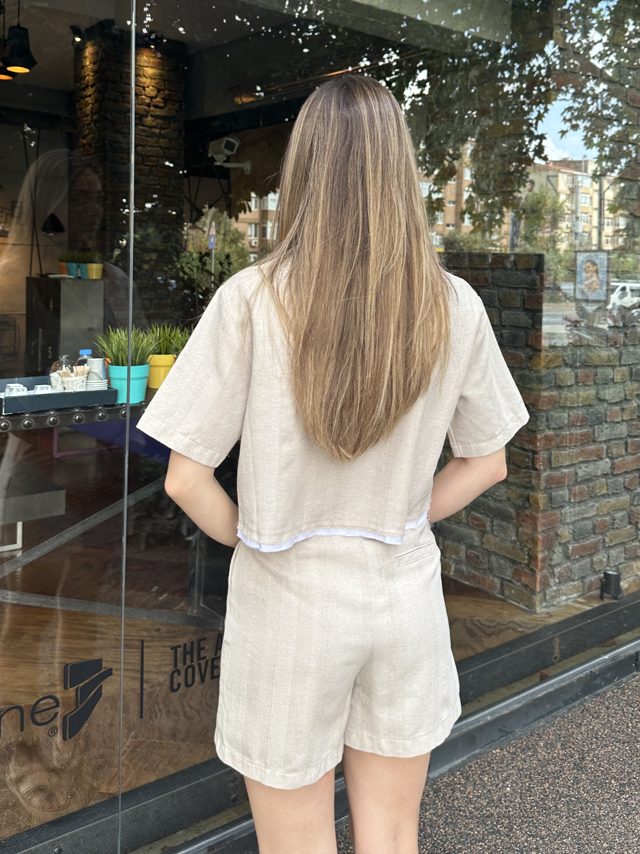 Parçalı Keten Şort Takım Naturel