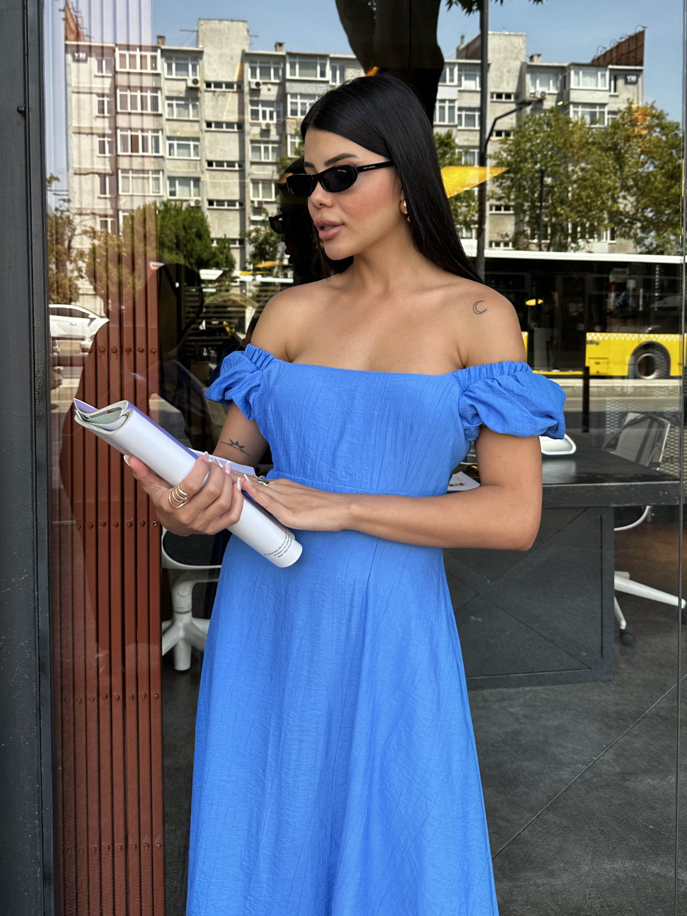 Sırt Dekolteli Poplin Elbise Mavi