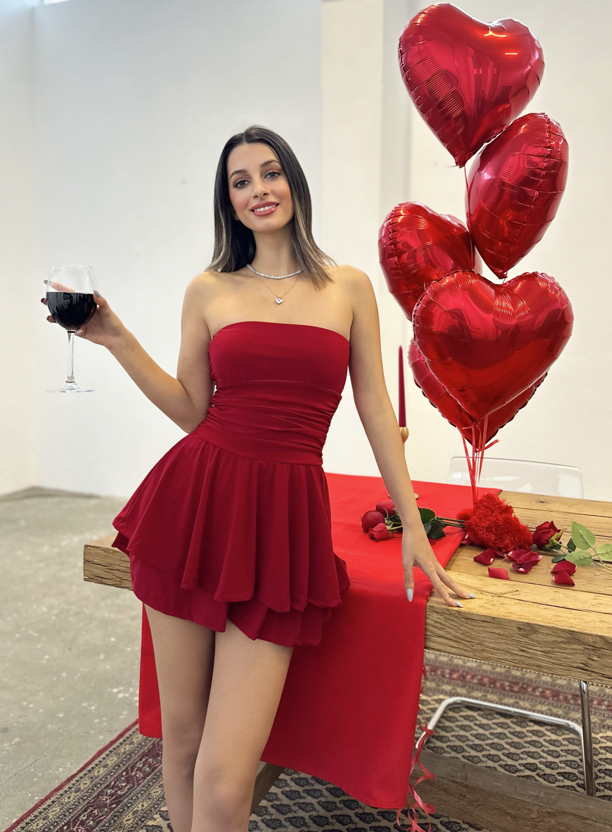 Straplez Şortlu Elbise Kırmızı