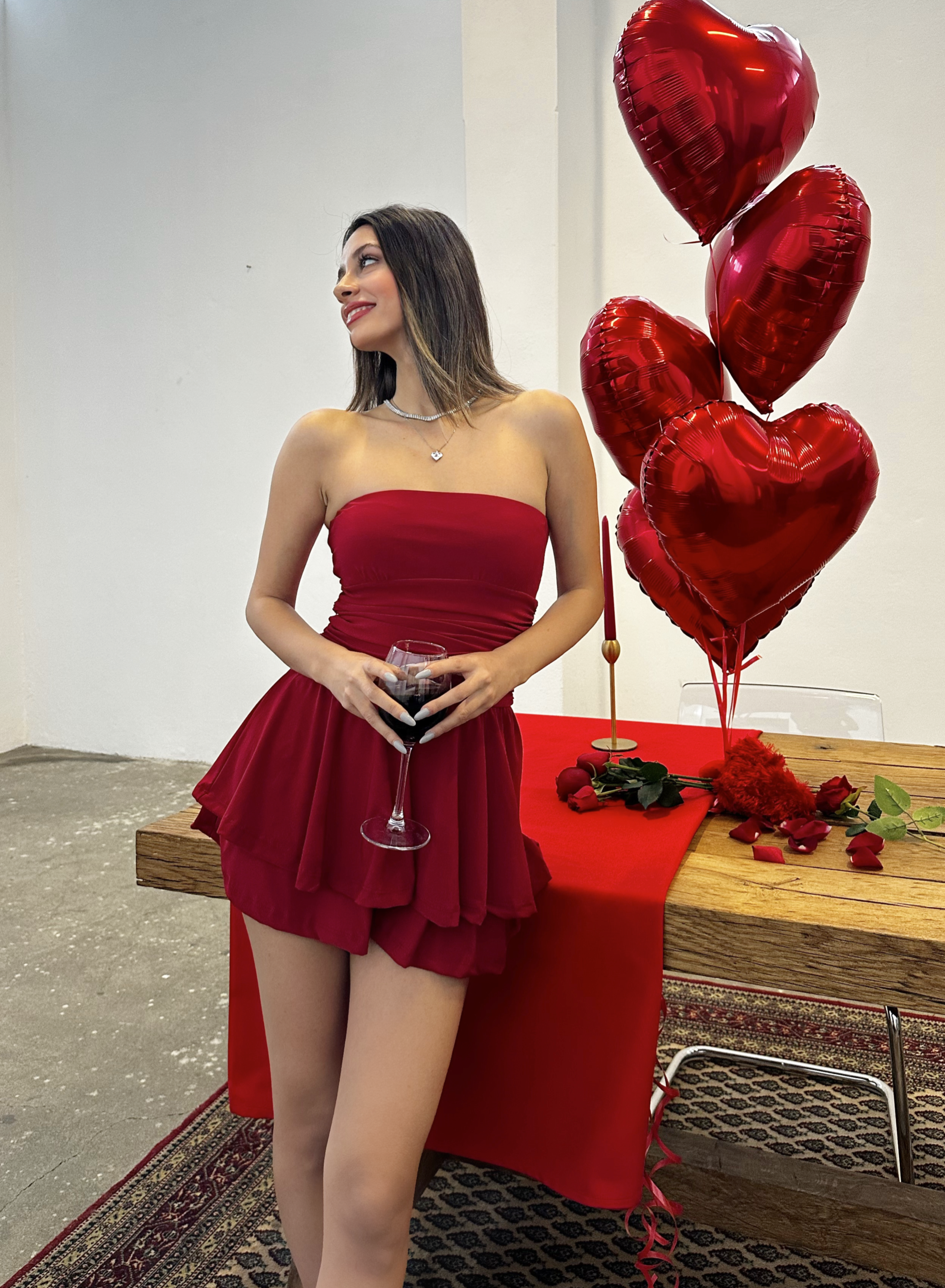 Straplez Şortlu Elbise Kırmızı