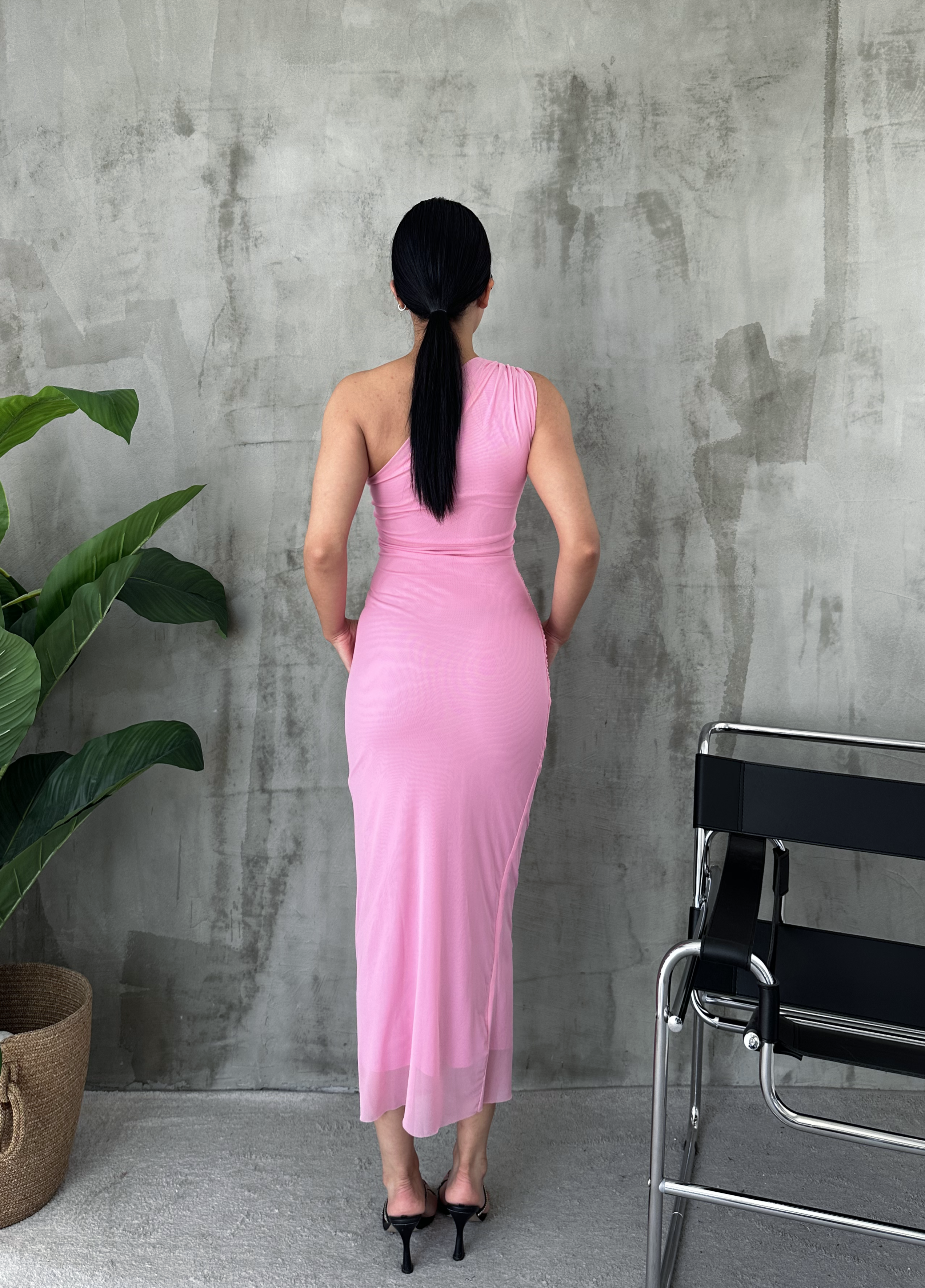 Tek Kollu Uzun Elbise Pembe