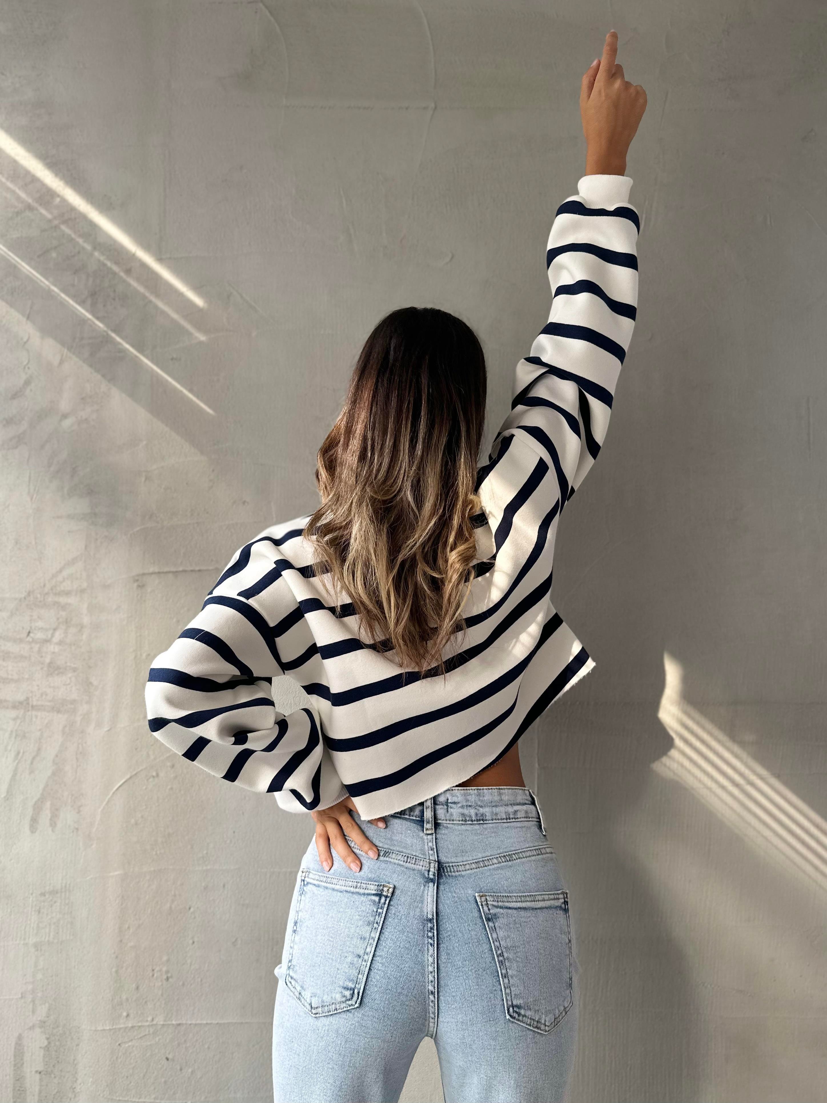 Yarım Fermuar Çizgili Sweatshirt Lacivert