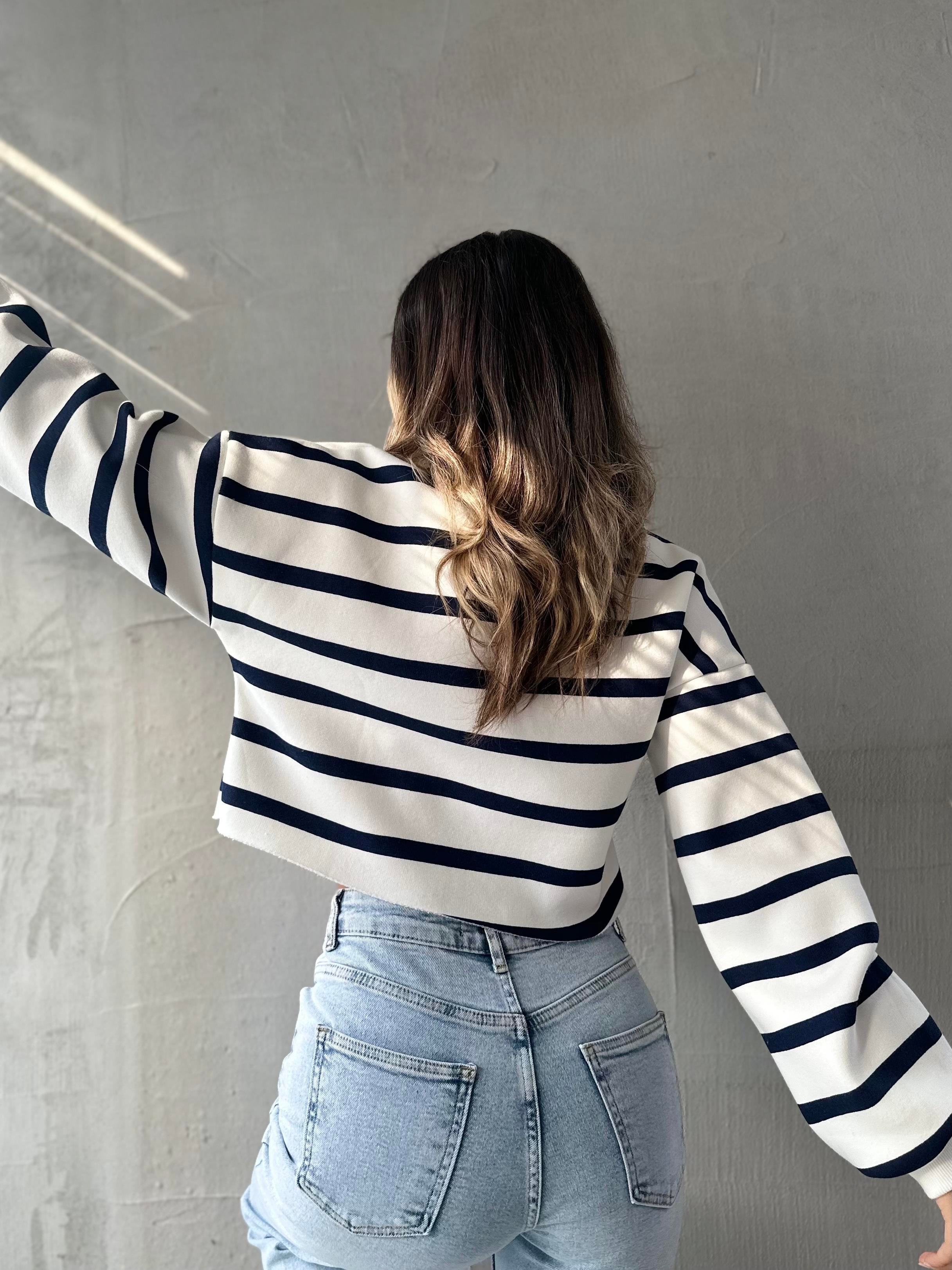 Yarım Fermuar Çizgili Sweatshirt Lacivert