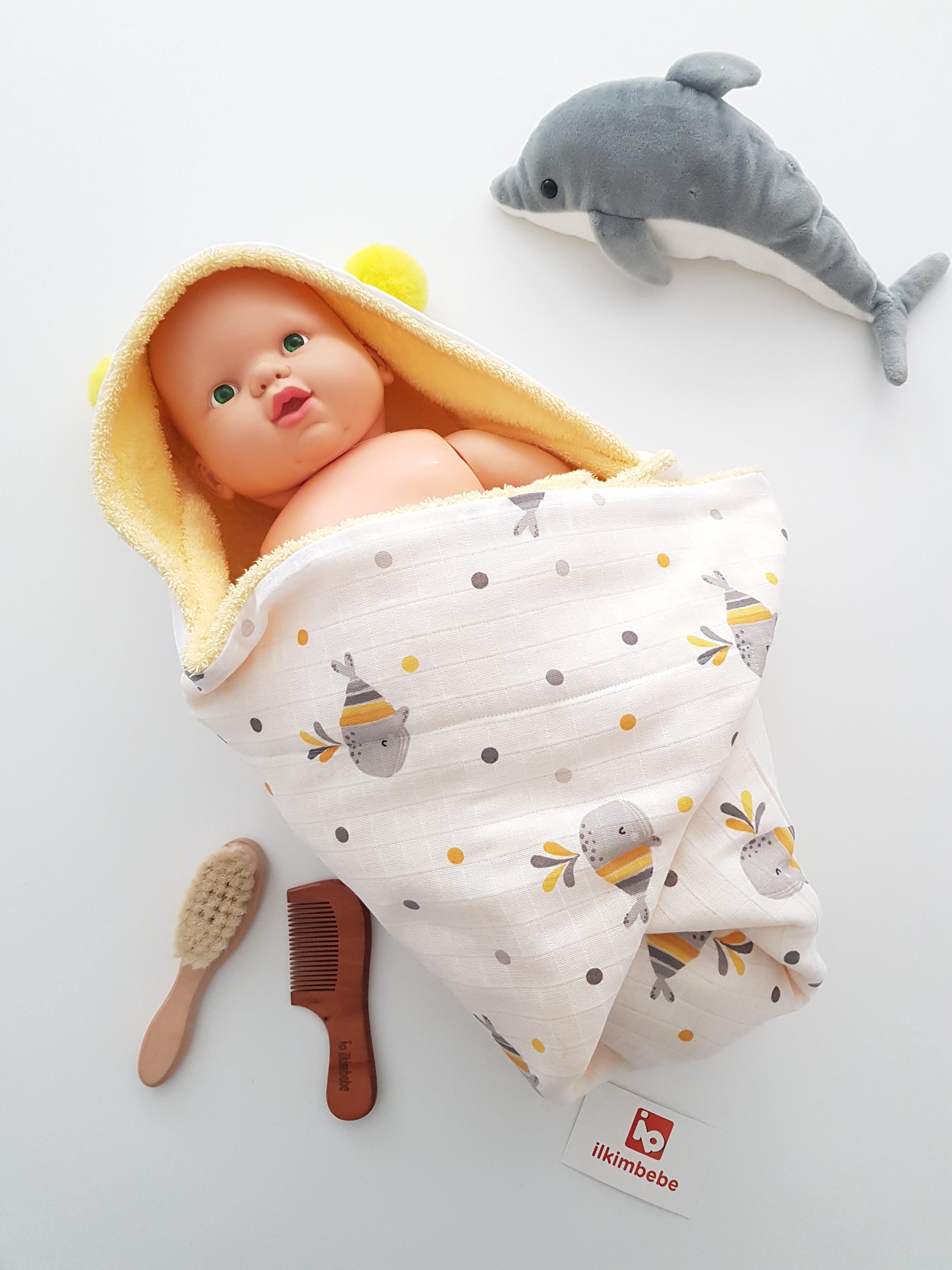 Balinalı Müslin Çift Taraflı Kundak Bebek Havlusu 80x80cm - Erkek Bebek