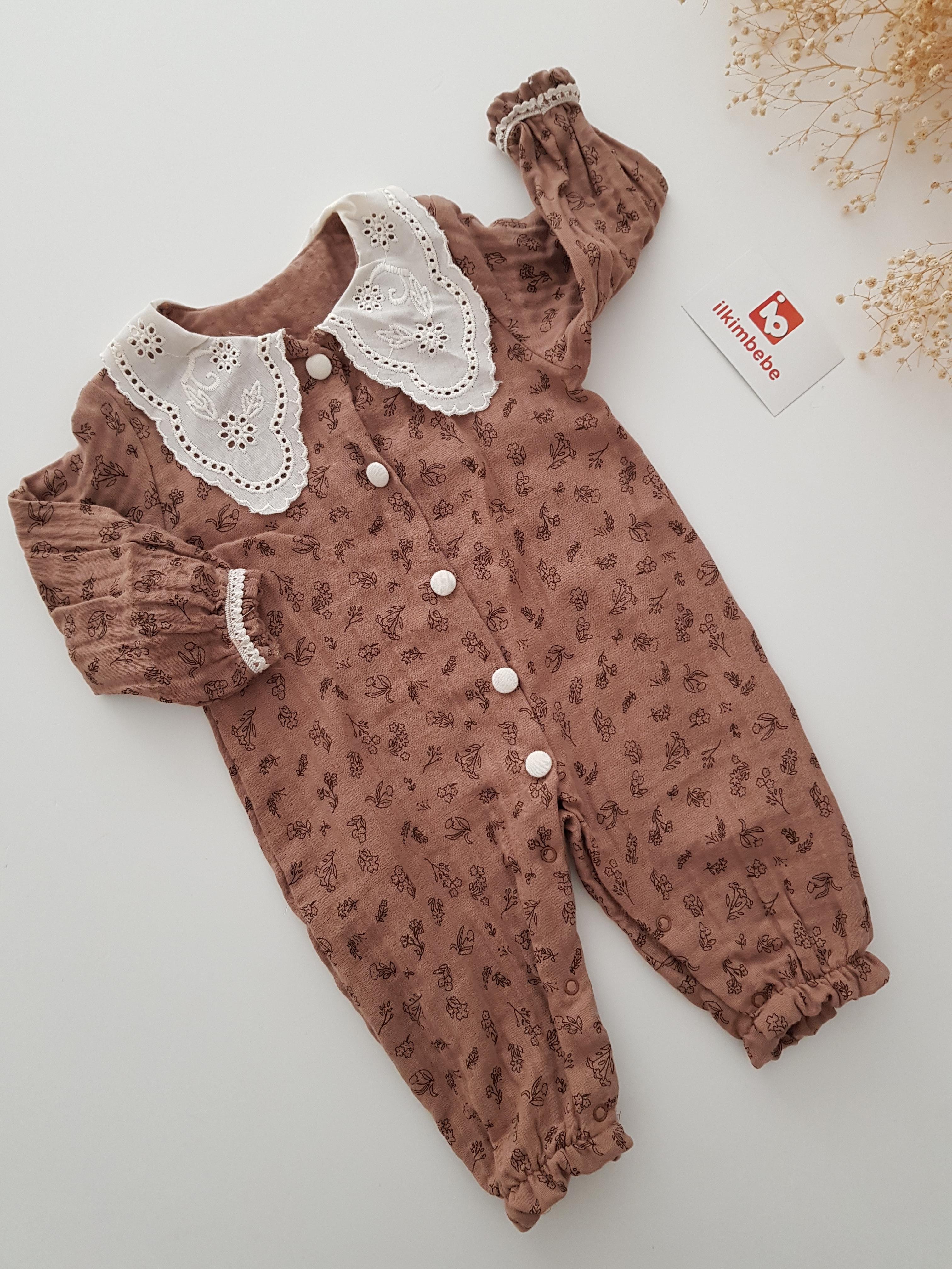 Dantel Yaka Çiçekli Müslin Bebek Tulumu - Kız Tulum