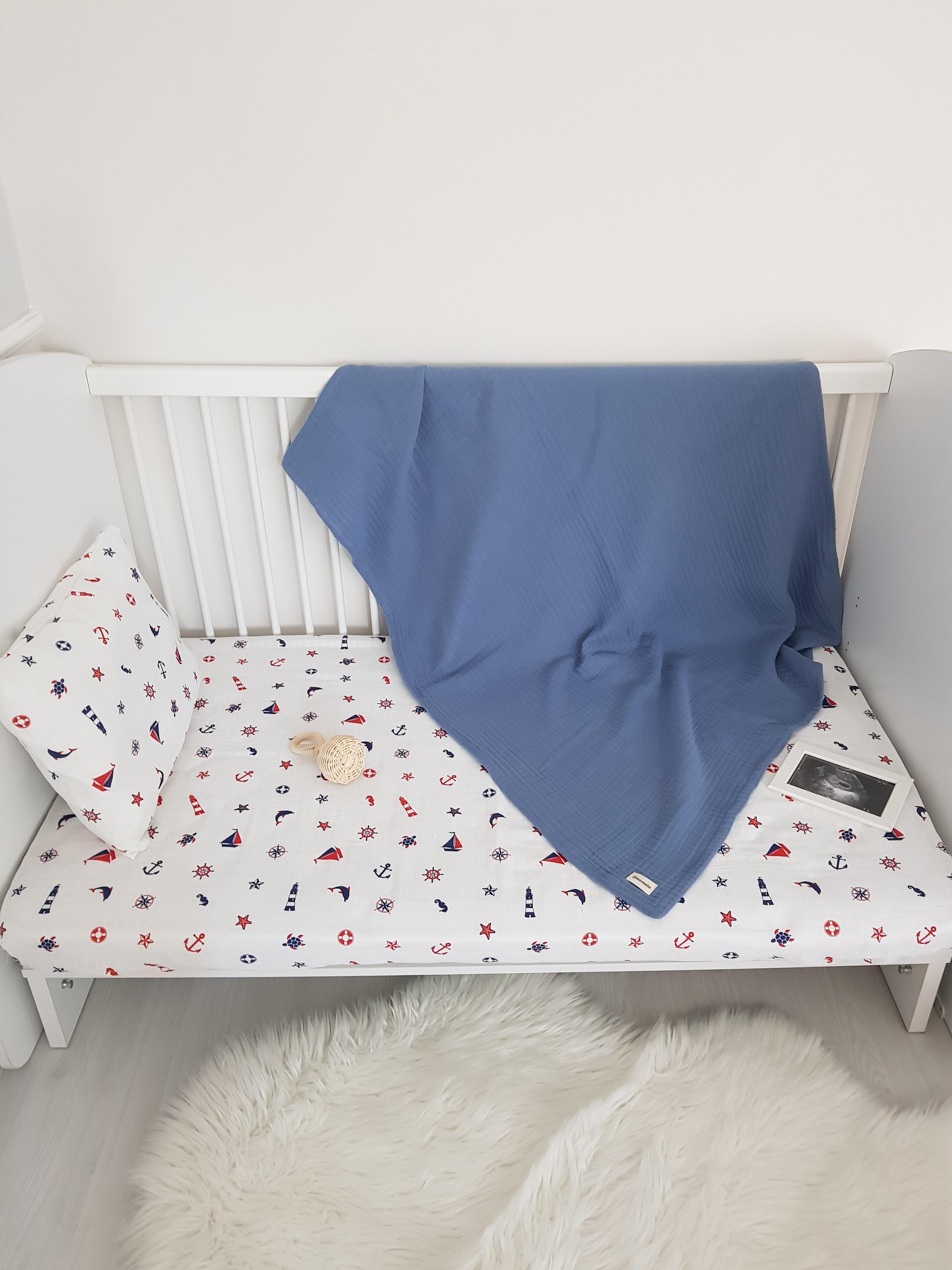 Denizci 100x120 Dört Katlı Müslin Bebek Battaniyeli Nevresim Takımı - BATTANİYE&ALT AÇMA