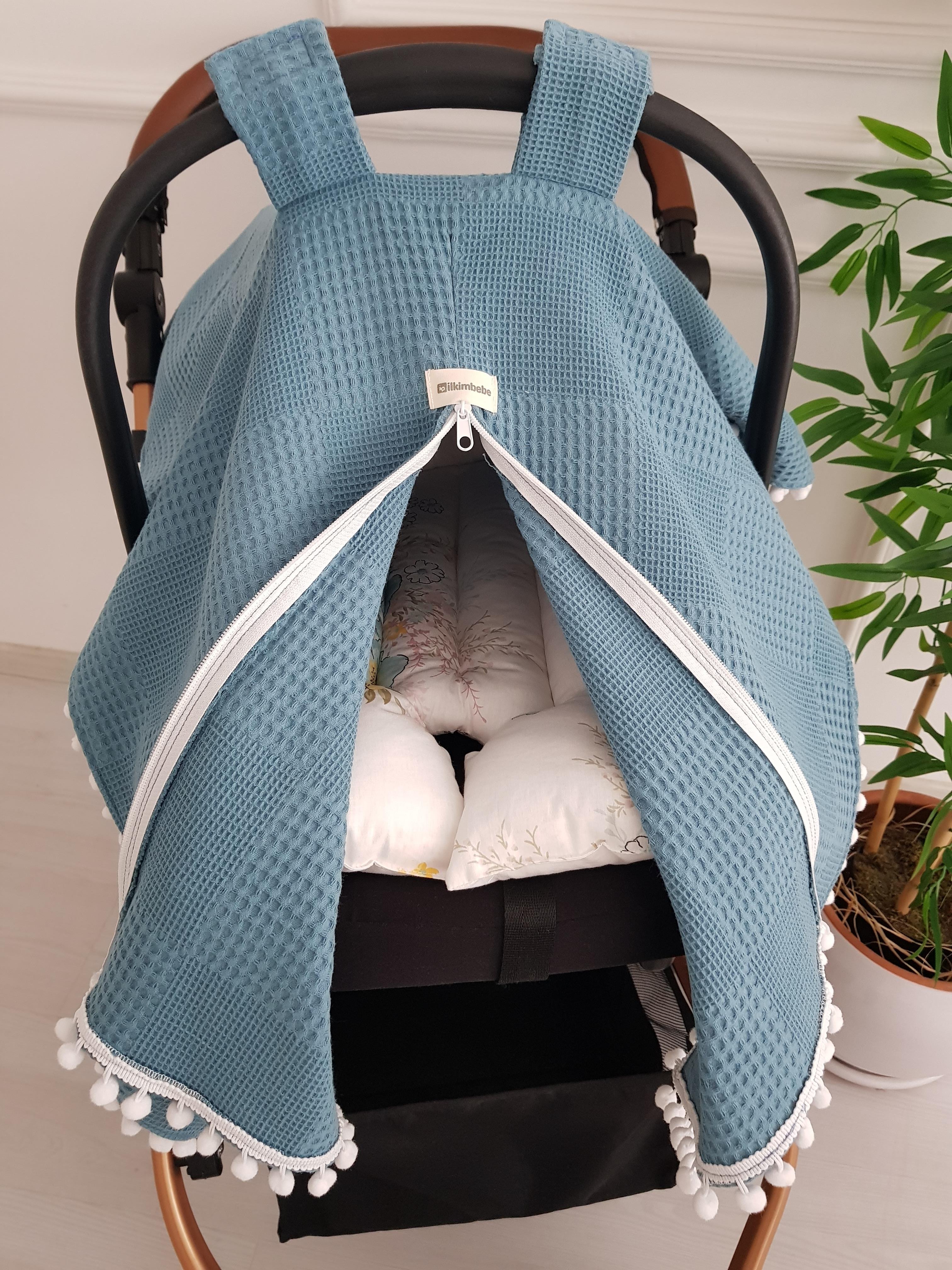 Düz Renk Ponponlu Pikeli Fermuarlı Bebek Puset Örtüsü ve Çiçekli Puset Minderi - BATTANİYE&ALT AÇMA