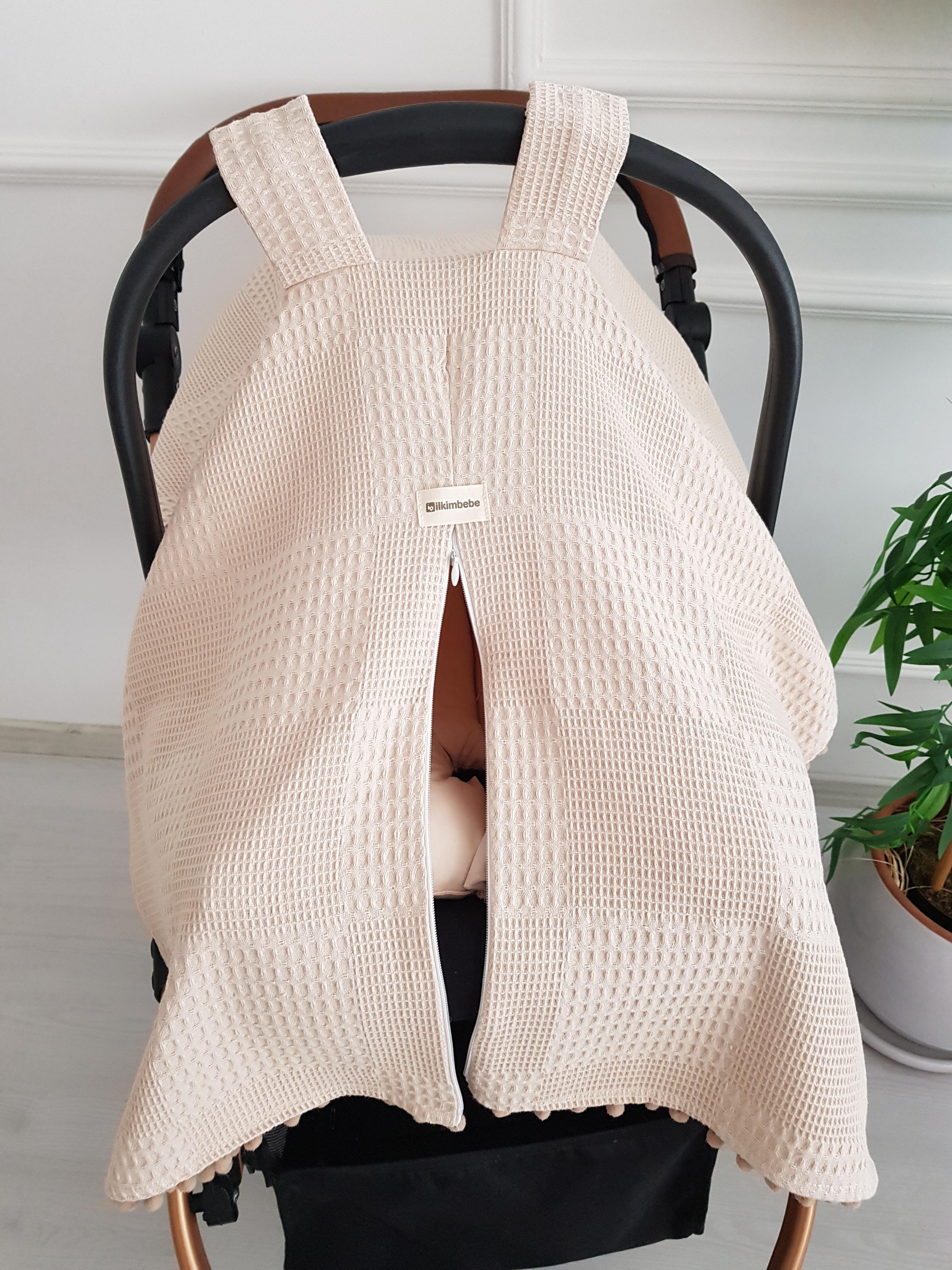 Düz Renk Ponponlu Pikeli Fermuarlı Bebek Puset Örtüsü ve Minderi - BATTANİYE&ALT AÇMA