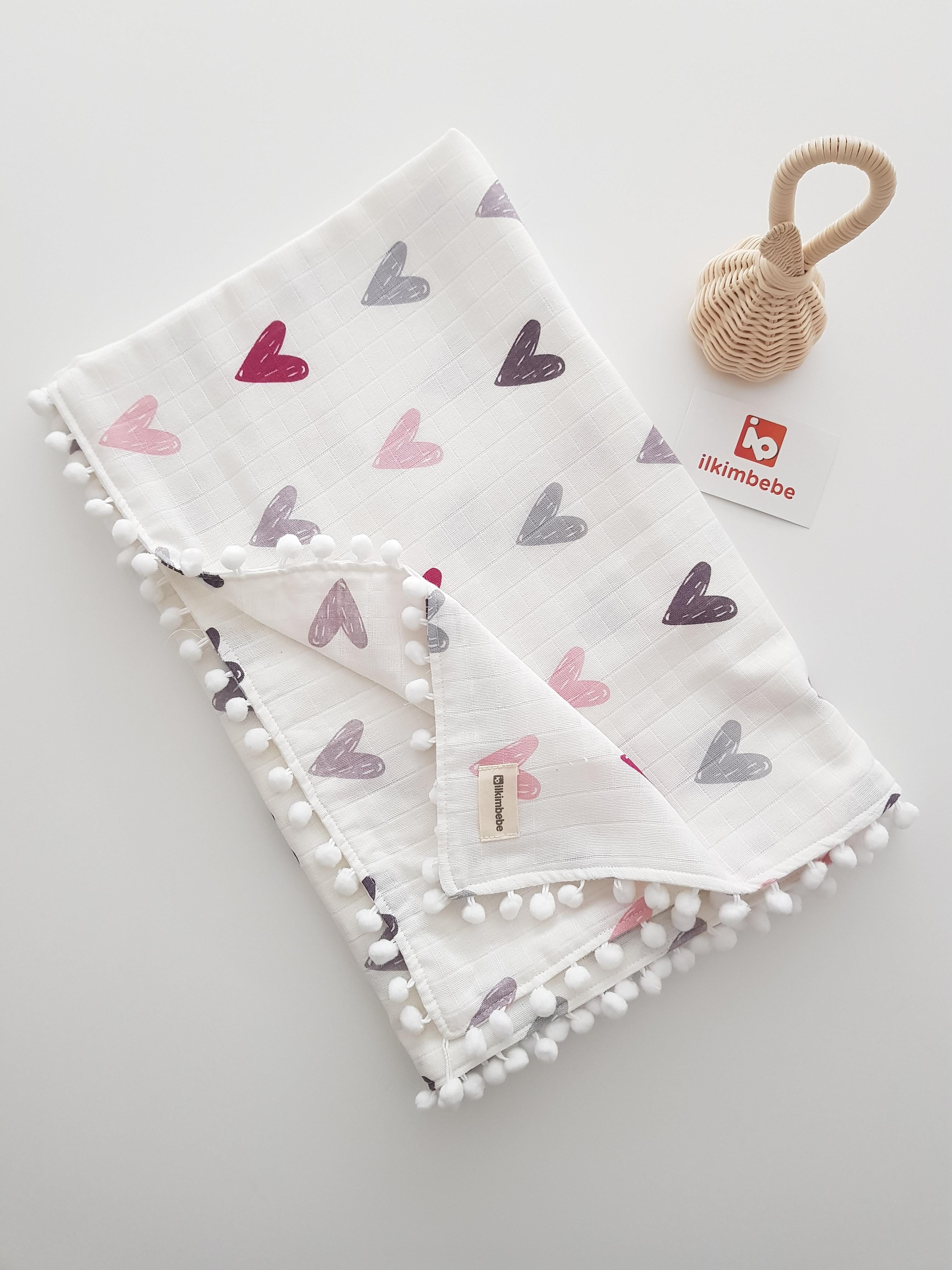 Kalpli Ponponlu Müslin Bebek Battaniyesi 85x90 - BATTANİYE&ALT AÇMA
