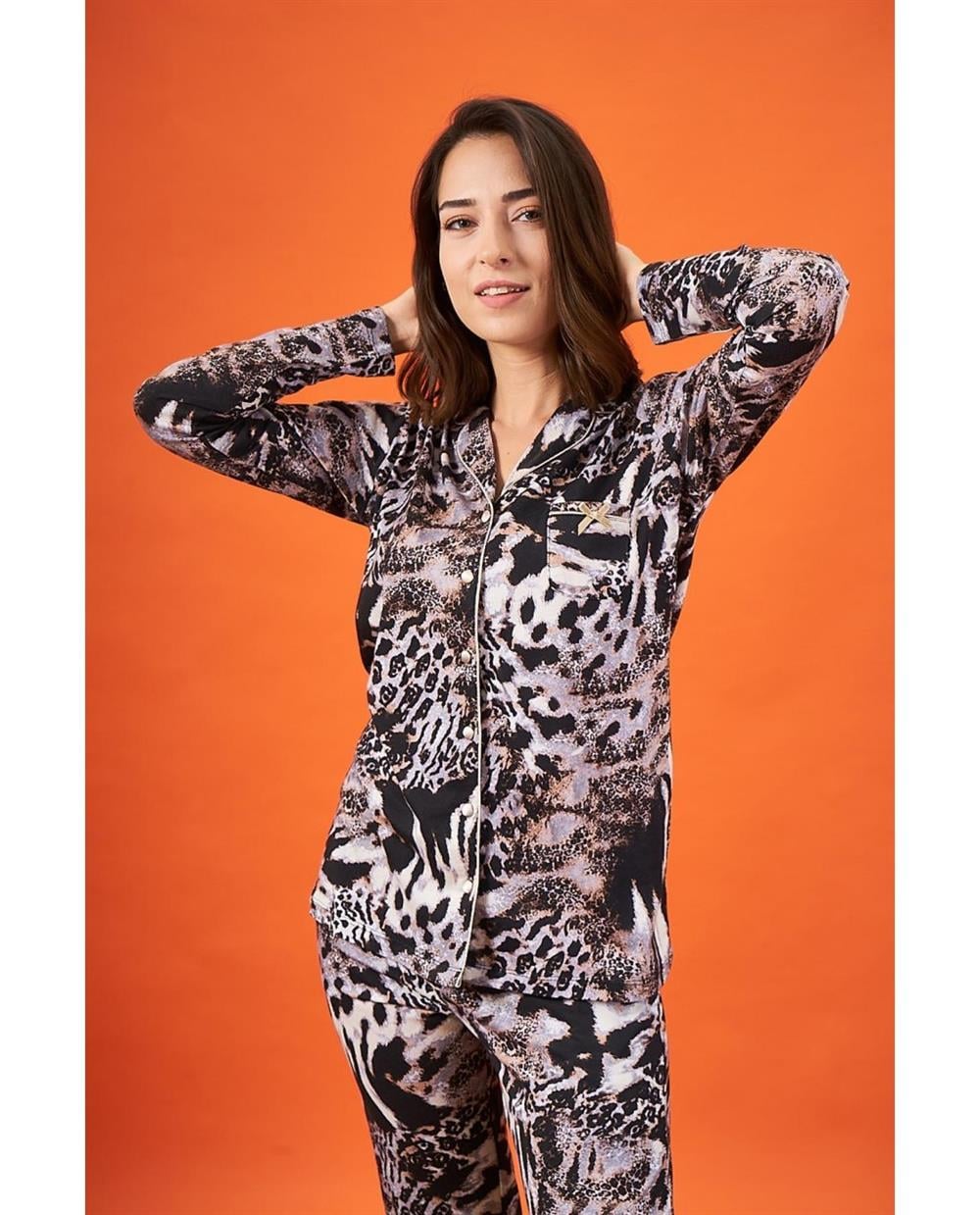 Önden Düğmeli Leopar Pijama Takımı - KADIN