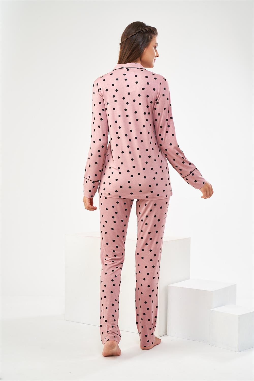 Önden Düğmeli Puantiyeli Pijama Takımı - KADIN