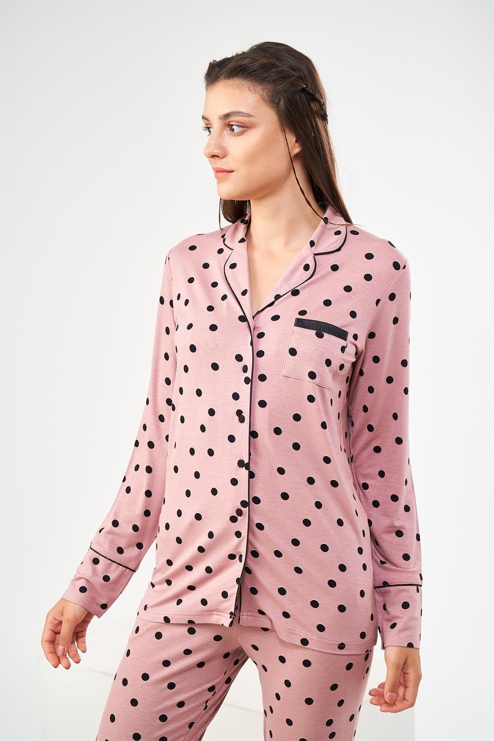 Önden Düğmeli Puantiyeli Pijama Takımı - KADIN