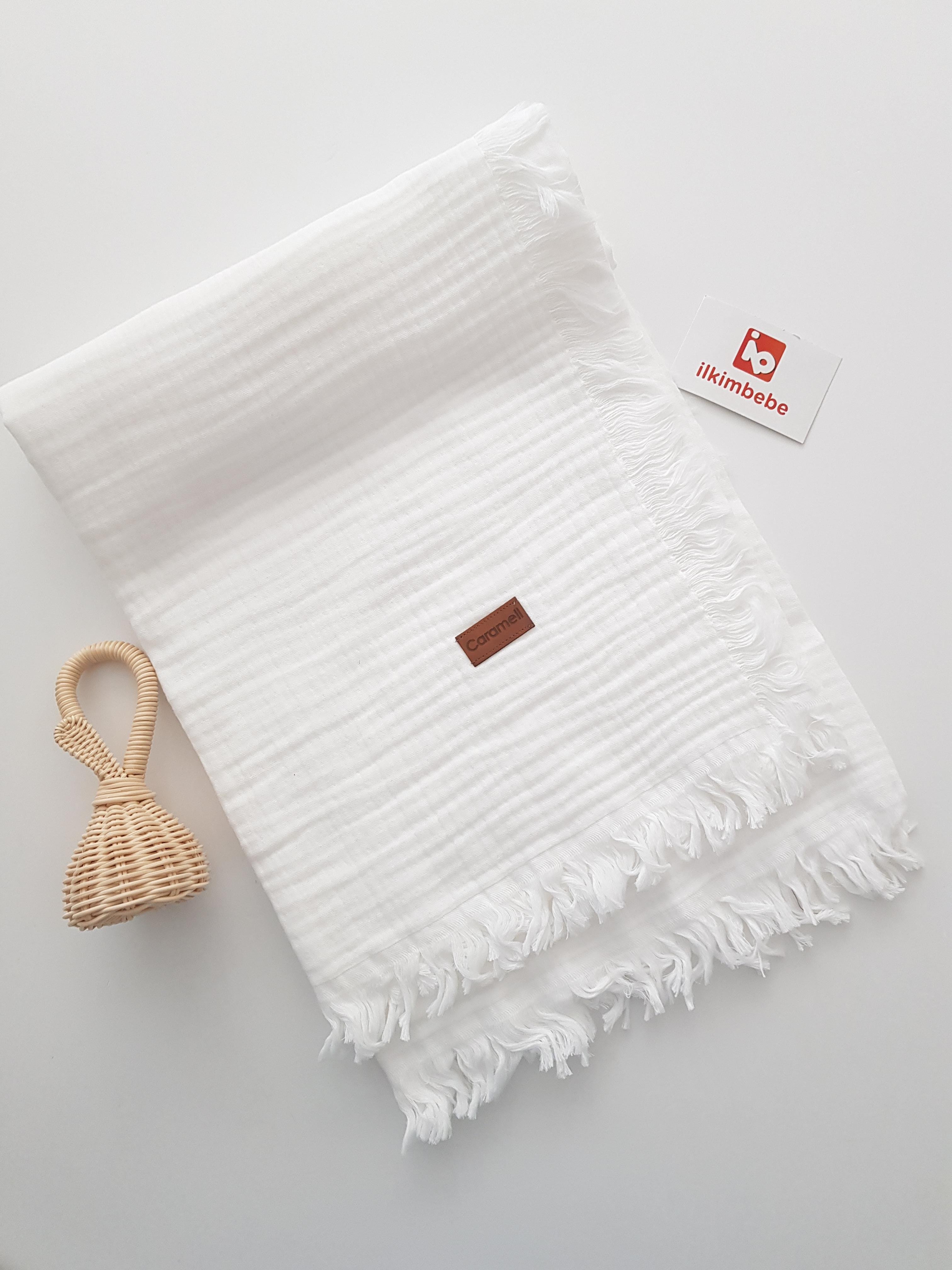 Püsküllü Çift Katlı Müslin Bebek Battaniyesi 120x120 - Çift Katlı Müslin Battaniye