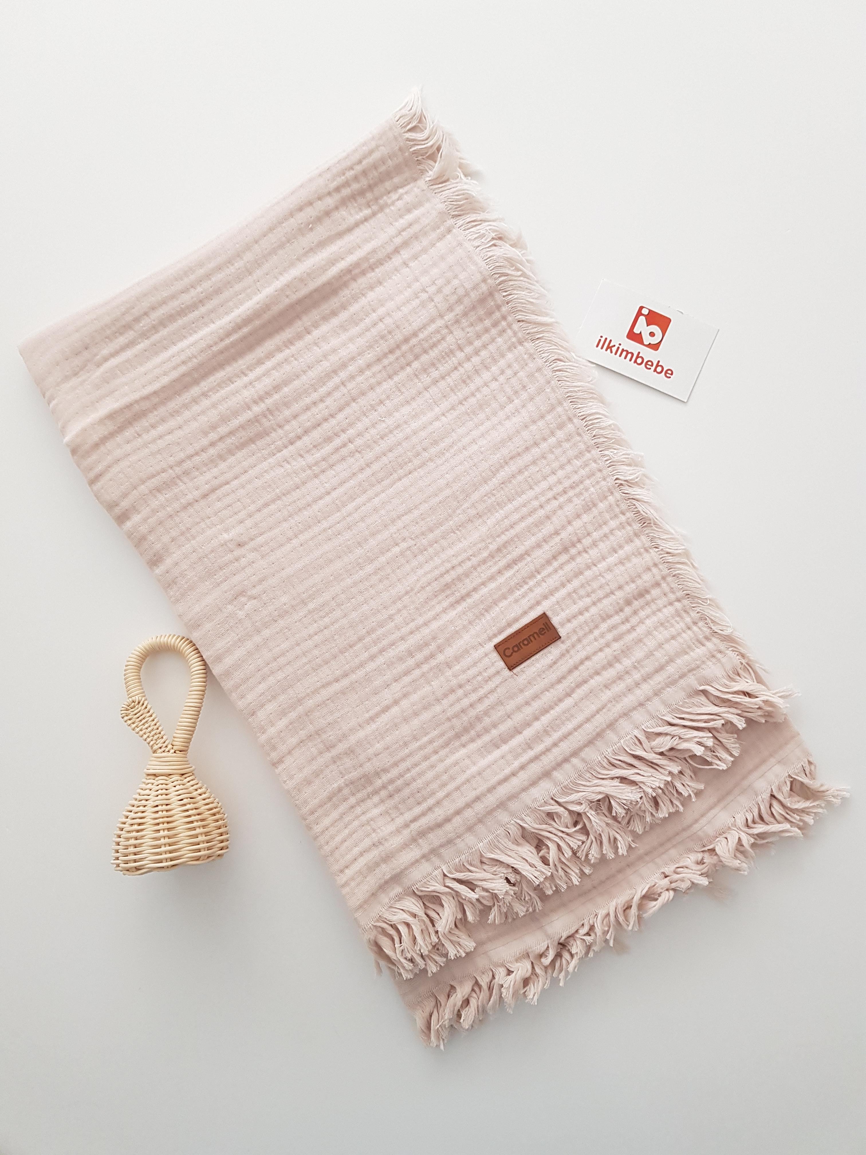 Püsküllü Çift Katlı Müslin Bebek Battaniyesi 120x120 - Çift Katlı Müslin Battaniye