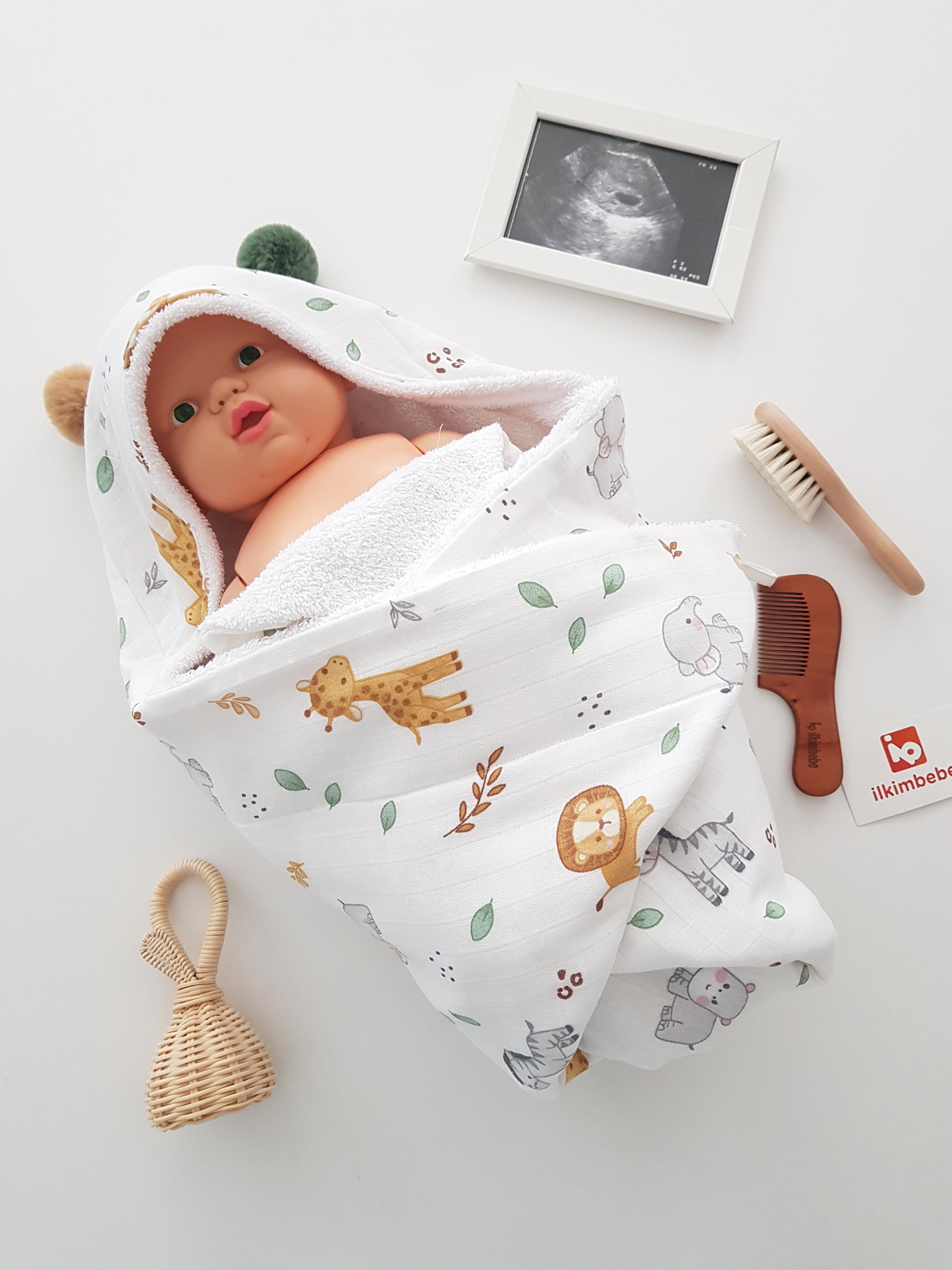 Safari Hayvanlar Müslin Çift Taraflı Kundak Bebek Havlusu 80x80cm - Erkek Bebek