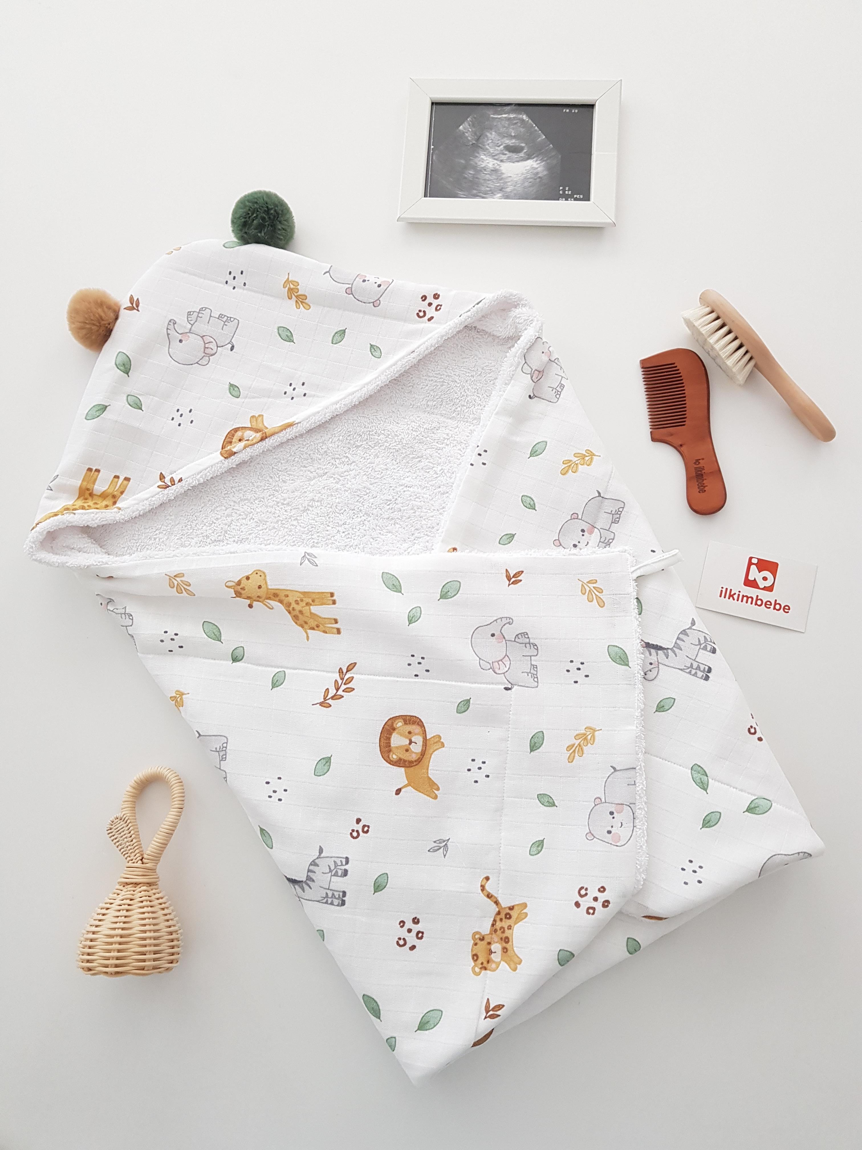 Safari Hayvanlar Müslin Çift Taraflı Kundak Bebek Havlusu 80x80cm - Erkek Bebek