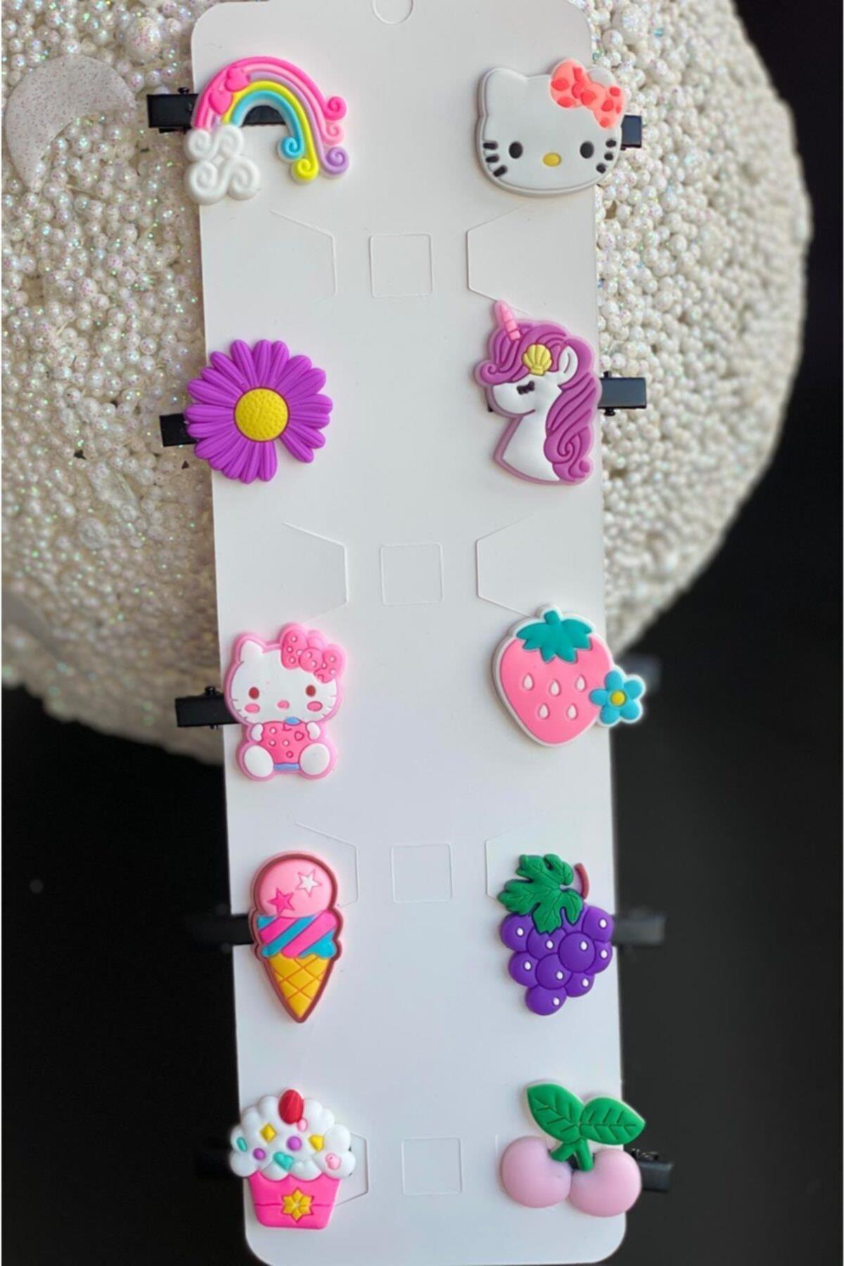 10 Lu Mini Figürlü Hello Kitty Dondurma Unicorn Meyve Gökkuşağı Bebek Çocuk Toka Seti No5