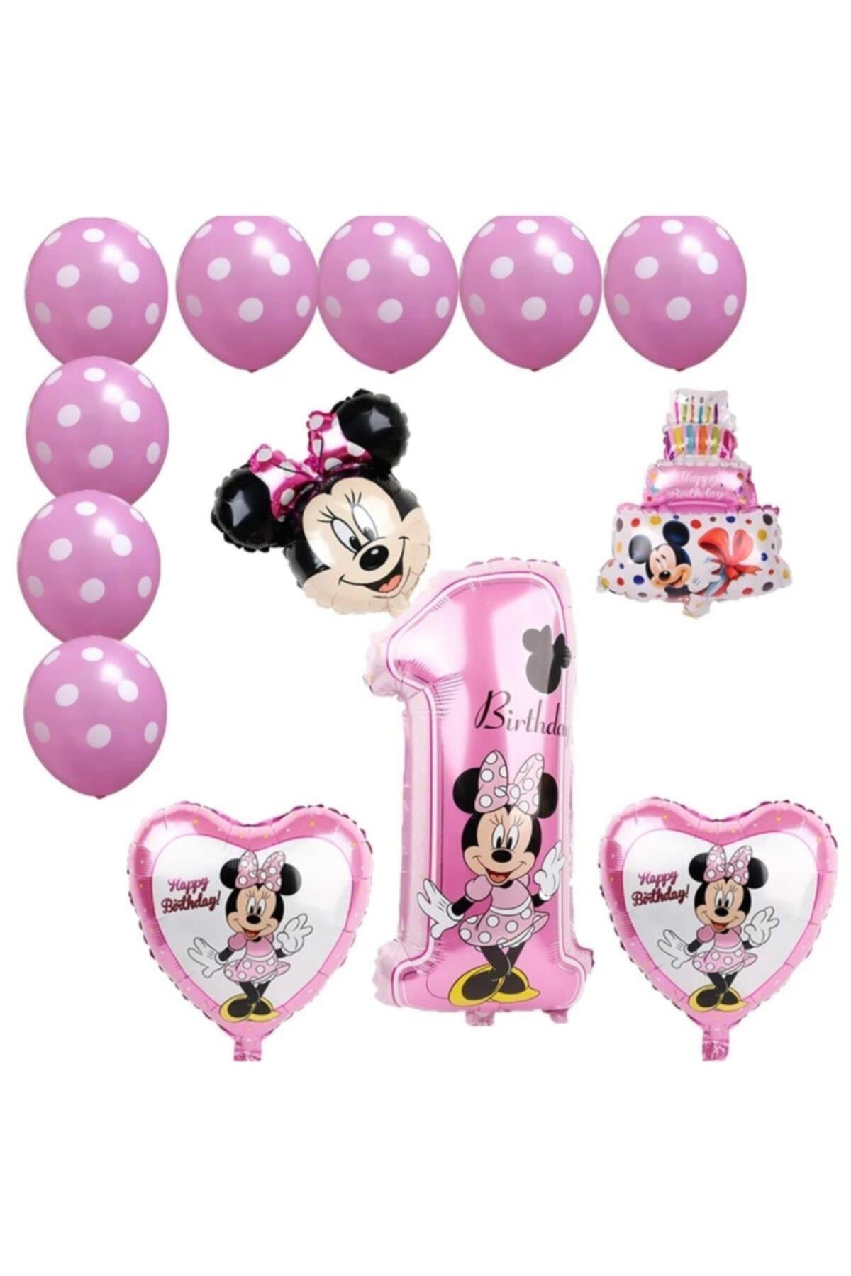 13 Parça Dev Folyo Disney Minnie Mouse 1 Yaş Balon Seti Kalp Pasta Pembe