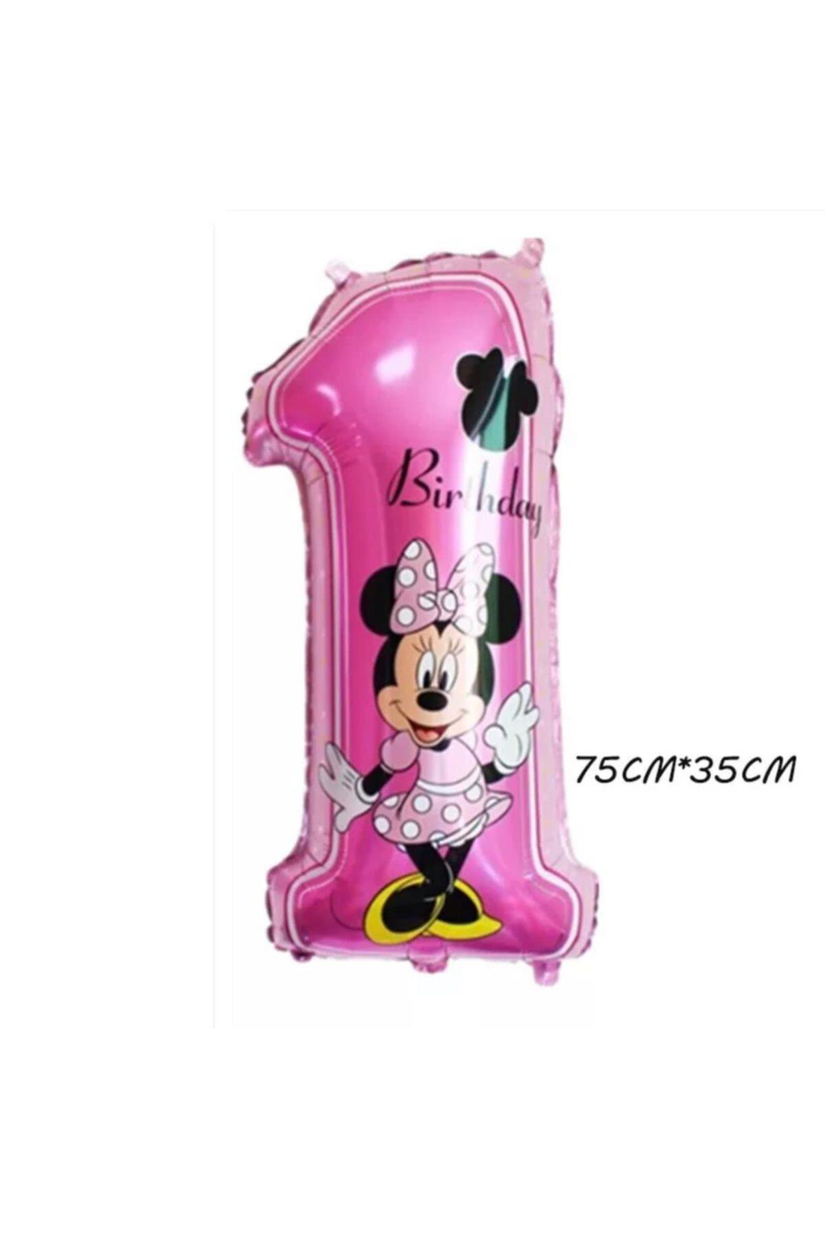 13 Parça Dev Folyo Disney Minnie Mouse 1 Yaş Balon Seti Kalp Pasta Pembe