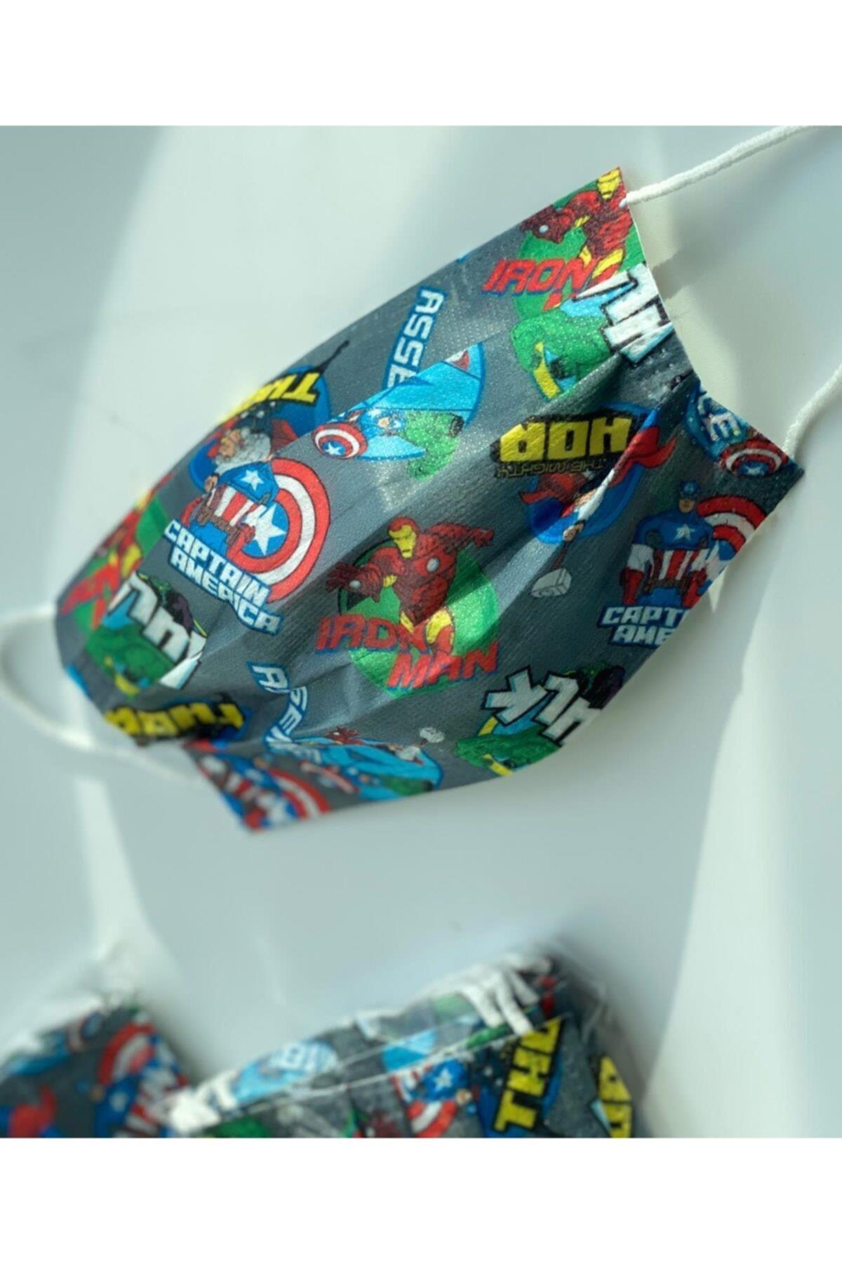 3 Katlı Telli Lastikli Avengers Süper Kahramanlar Erkek Çocuk Maskesi 50 Adet