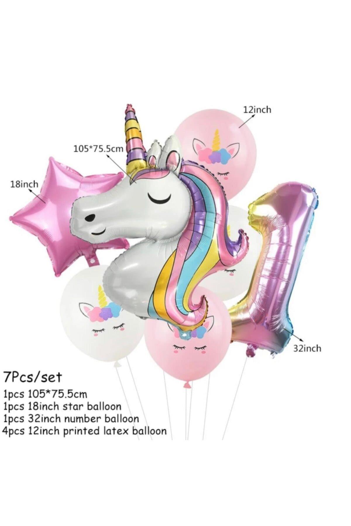 7 Parça Dev Unicorn 1 Yaş Harf Yıldızlı Folyo Balon Seti Doğumgünü Yaşgünü