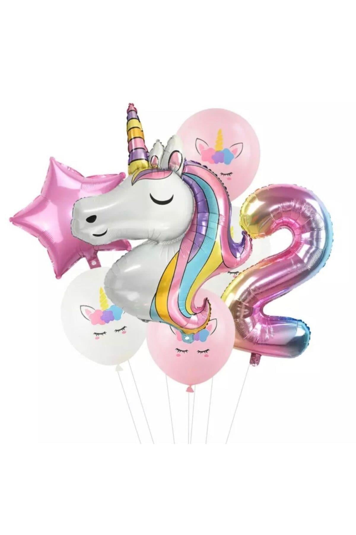 7 Parça Dev Unicorn 2 Yaş Harf Yıldızlı Folyo Balon Seti Doğumgünü Yaşgünü