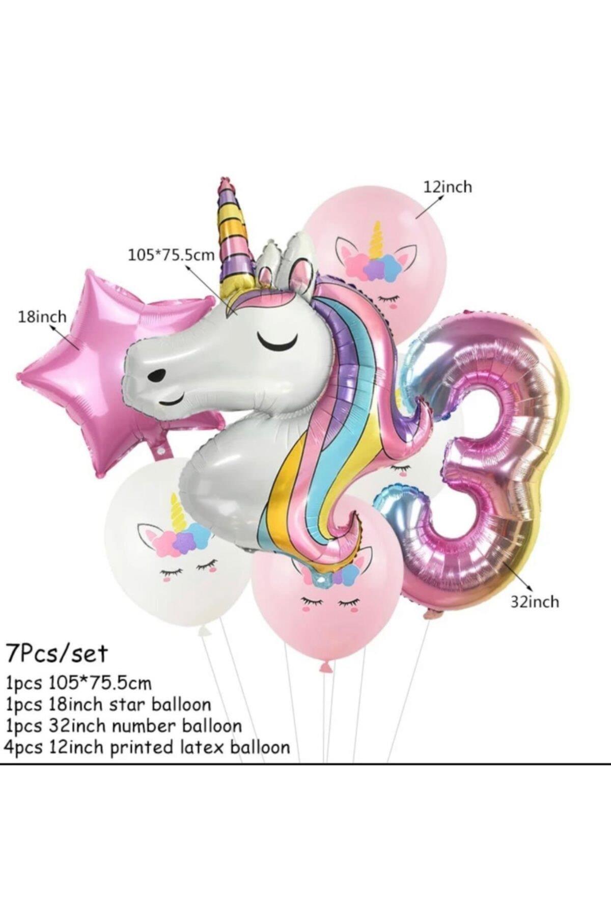 7 Parça Dev Unicorn 3 Yaş Harf Yıldızlı Folyo Balon Seti Doğumgünü Yaşgünü