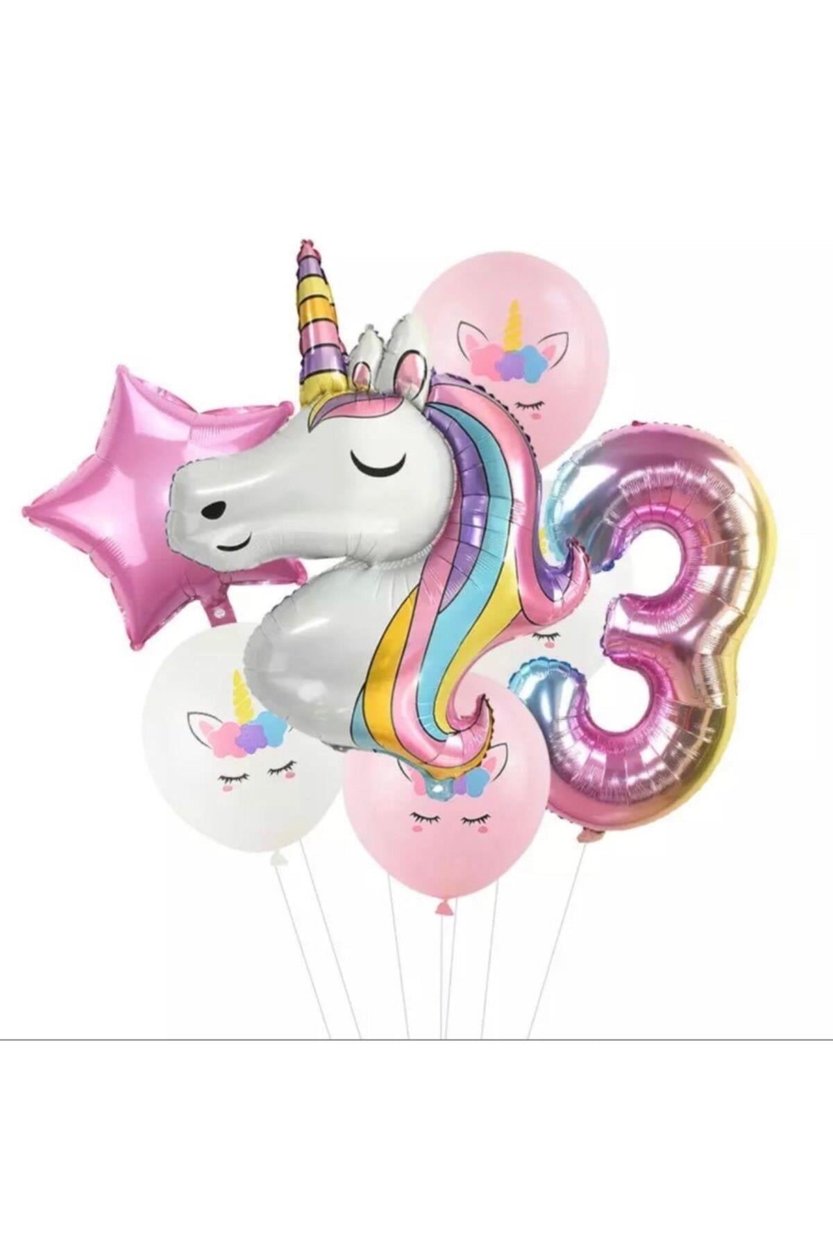 7 Parça Dev Unicorn 3 Yaş Harf Yıldızlı Folyo Balon Seti Doğumgünü Yaşgünü