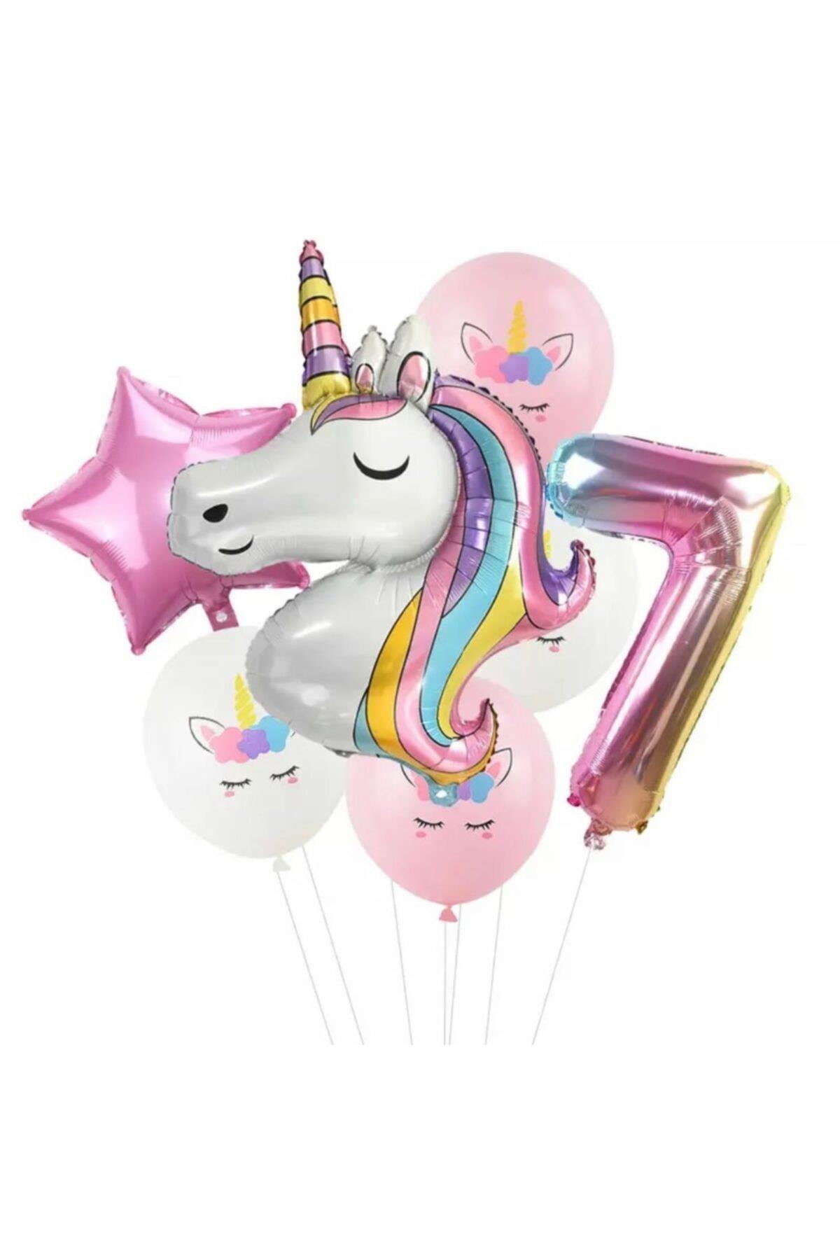 7 Parça Dev Unicorn 7 Yaş Harf Yıldızlı Folyo Balon Seti Doğumgünü Yaşgünü