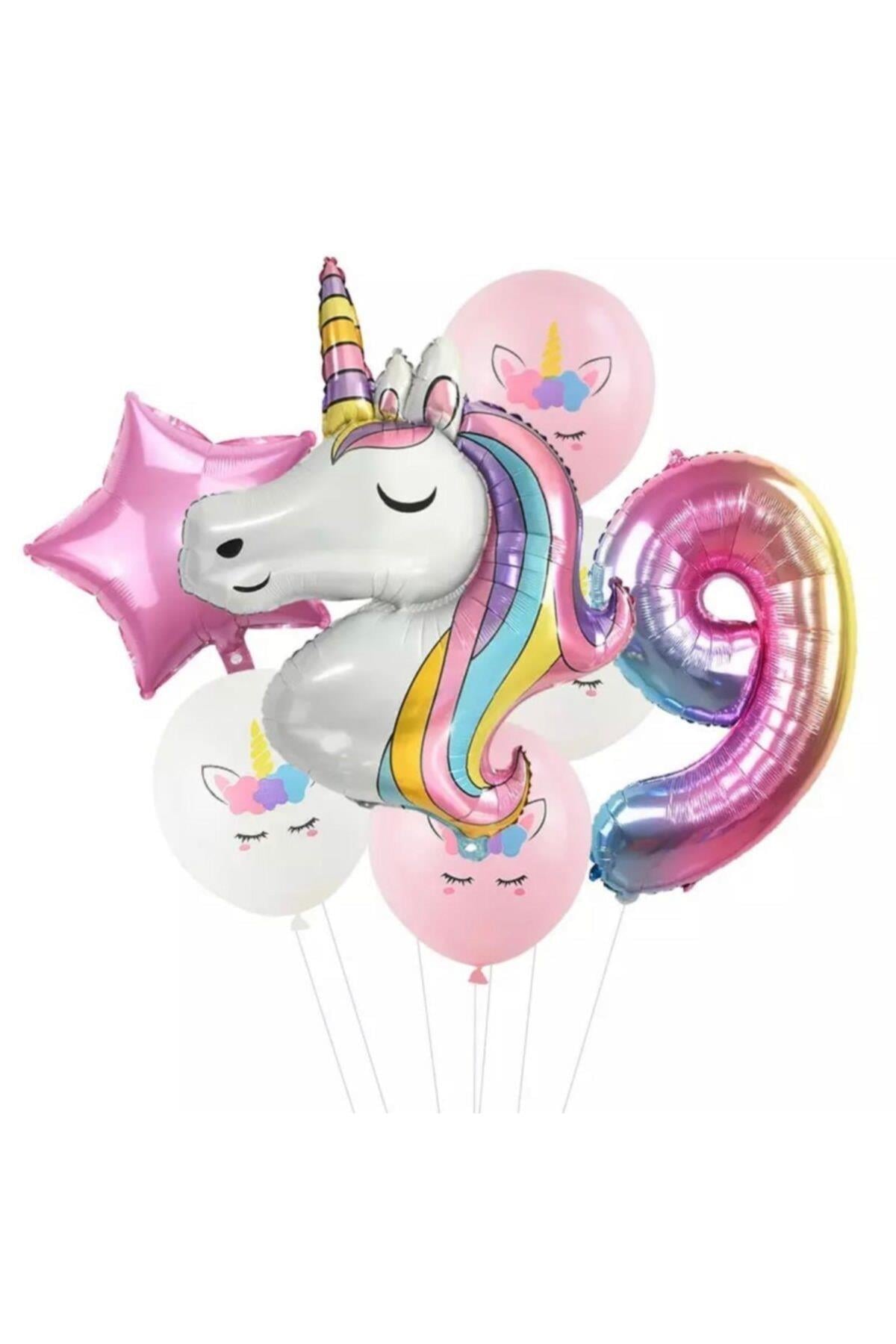 7 Parça Dev Unicorn 9 Yaş Harf Yıldızlı Folyo Balon Seti Doğumgünü Yaşgünü