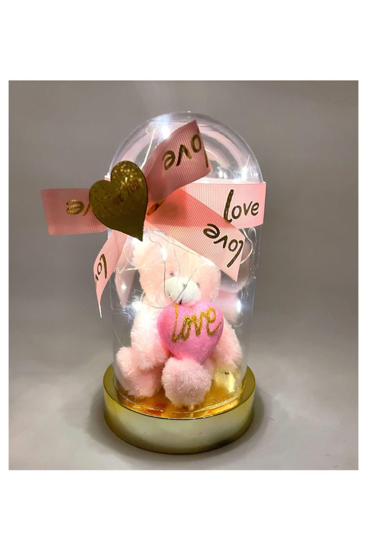 Anneler Günü Özel Sevgililer Günü Işıklı Fanuslu Teraryum Ayıcık Kalpli Love Pembe